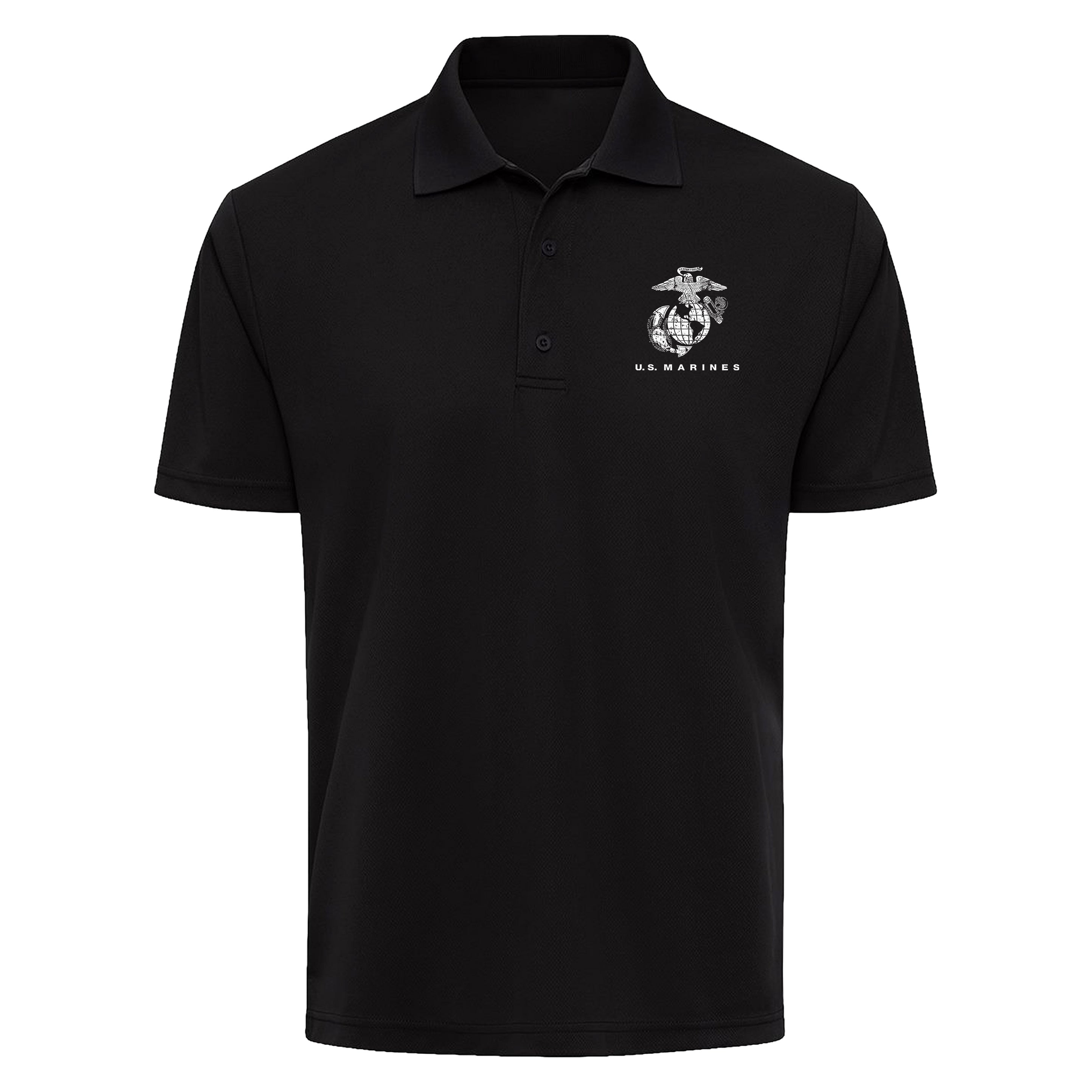 Black USMC performance polo with white distressed Eagle, Globe & Anchor and U.S. Marines left-chest print. Marines Polo