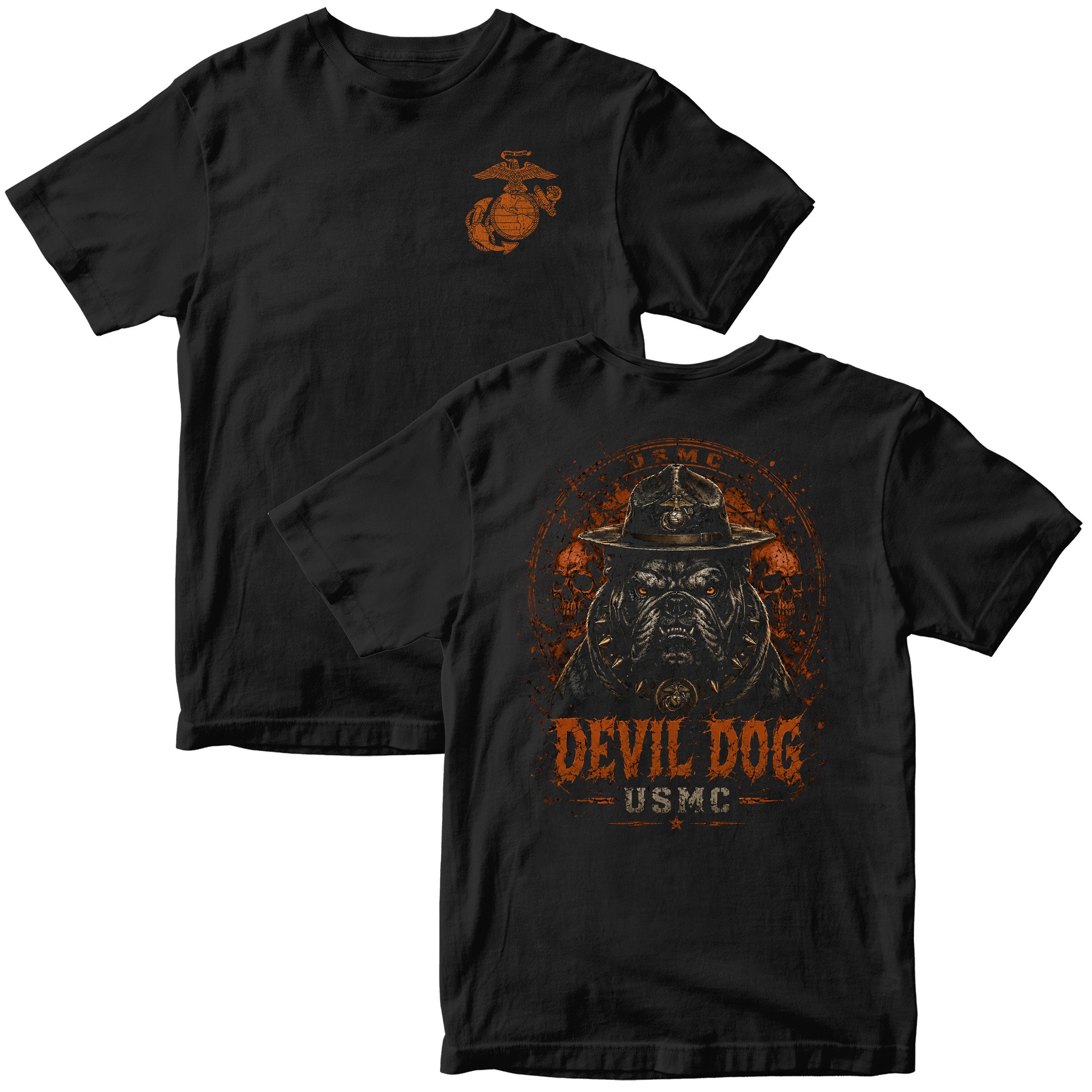 Black USMC Devil Dog Halloween T-shirt with campaign-cover bulldog, skull background, orange lettering, and Eagle Globe and Anchor chest graphic