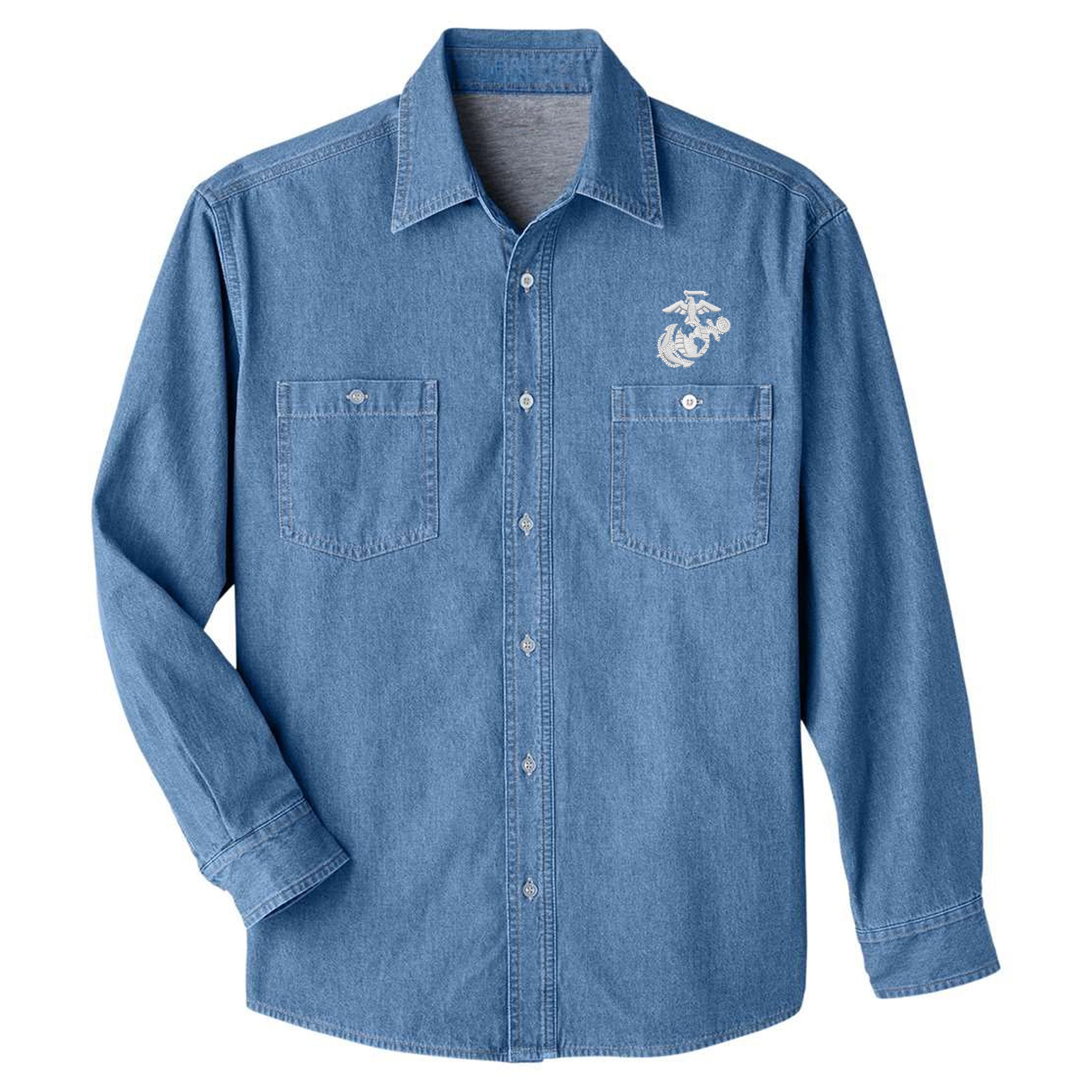 Marines White EGA embroidered light blue denim shirt with dual chest pockets, long sleeves, and Marine Corps Eagle, Globe & Anchor chest embroidery.