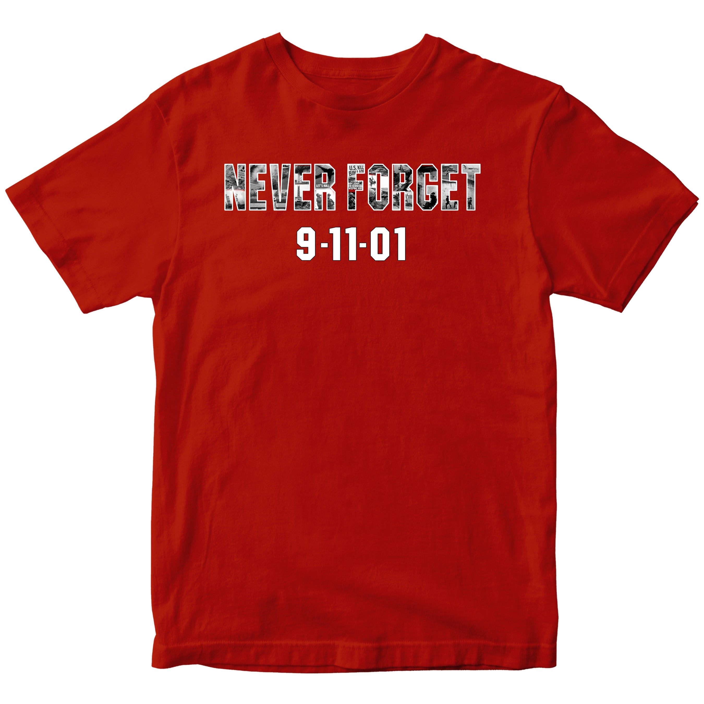 9/11 remembrance T-shirt honoring the 25th anniversary of September 11 with patriotic memorial design and Never Forget message
