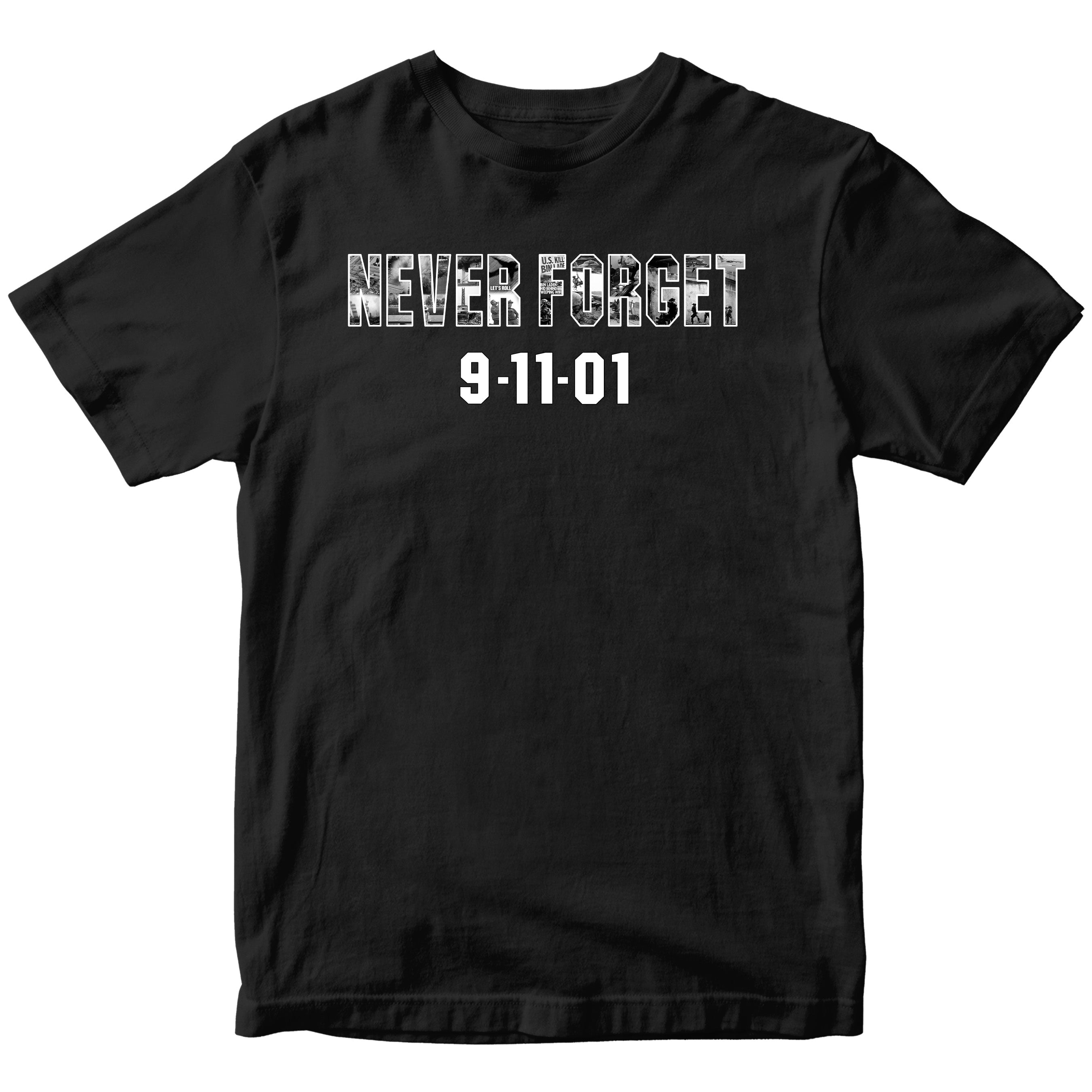 9/11 remembrance T-shirt honoring the 25th anniversary of September 11 with patriotic memorial design and Never Forget message