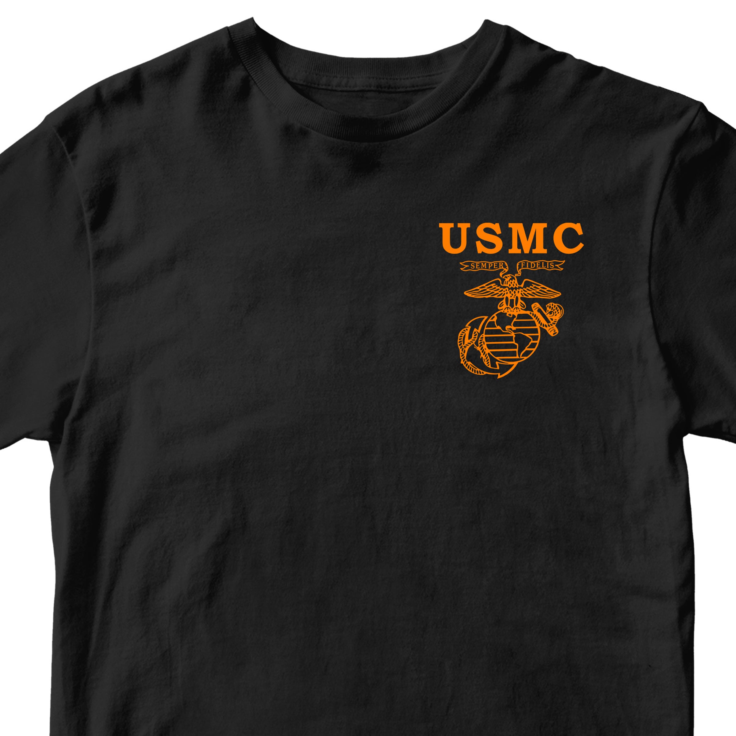 Black limited-edition USMC Halloween T-shirt with orange old-school Eagle Globe and Anchor chest graphic