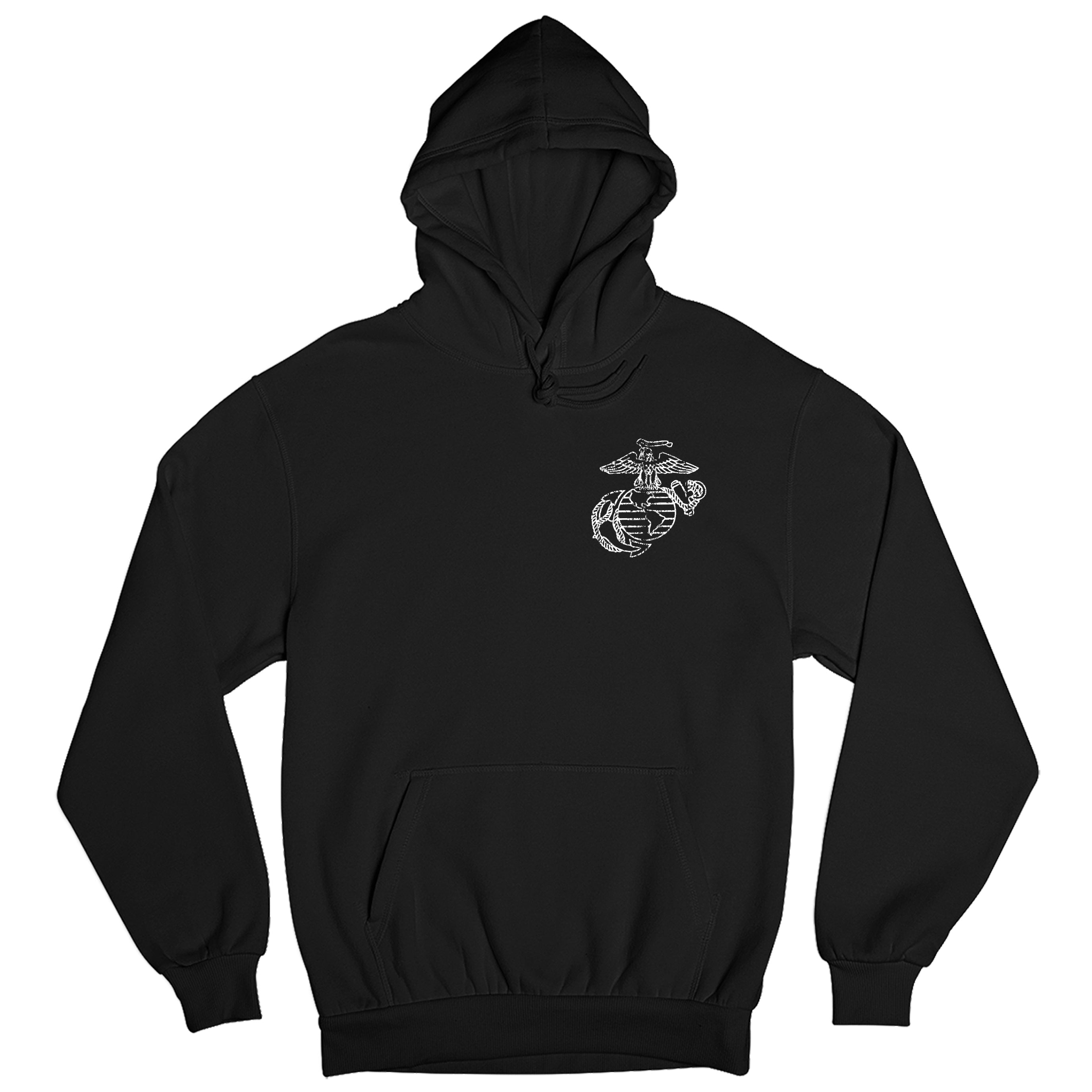 Black USMC hoodie with front-left chest Eagle, Globe, and Anchor emblem