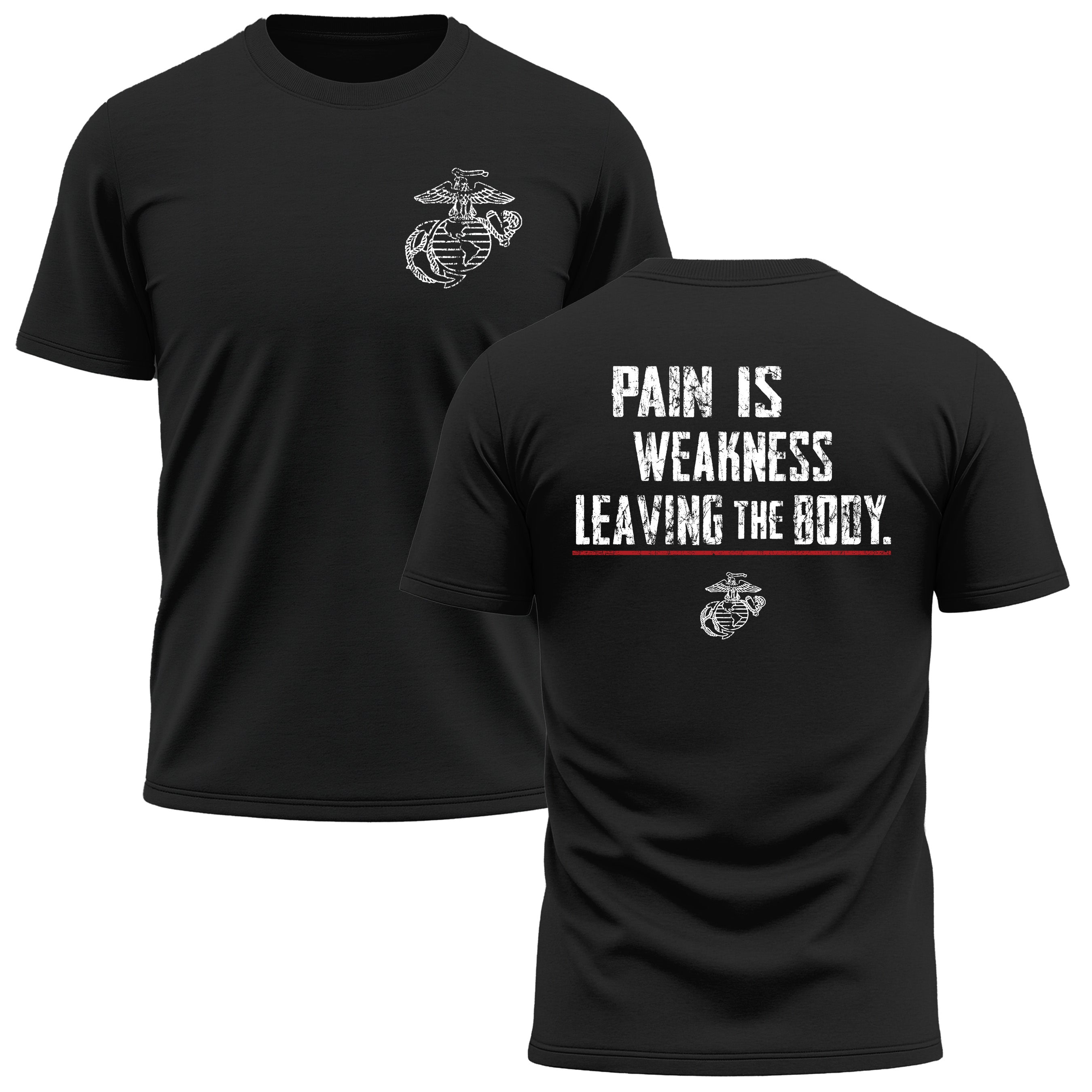 Black USMC Performance T-shirt with motivational quote, “Pain Is Weakness Leaving the Body,”. Marine Corps Performance Tee
