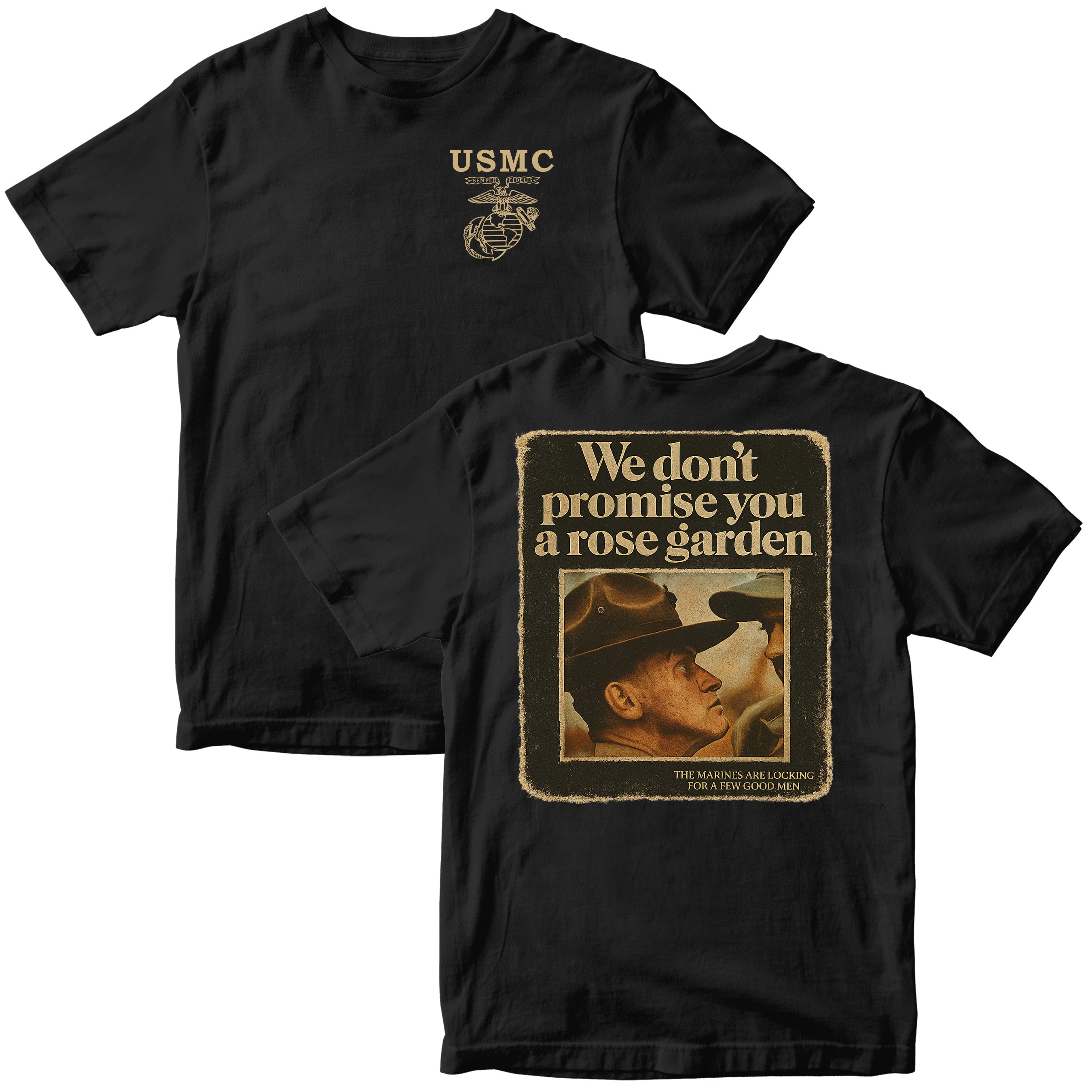 Black USMC t-shirt featuring a vintage Marine Corps poster on the back with the slogan 'We don't promise you a rose garden' and an image of a drill instructor. The front has 'USMC' and the official Eagle, Globe, and Anchor emblem.