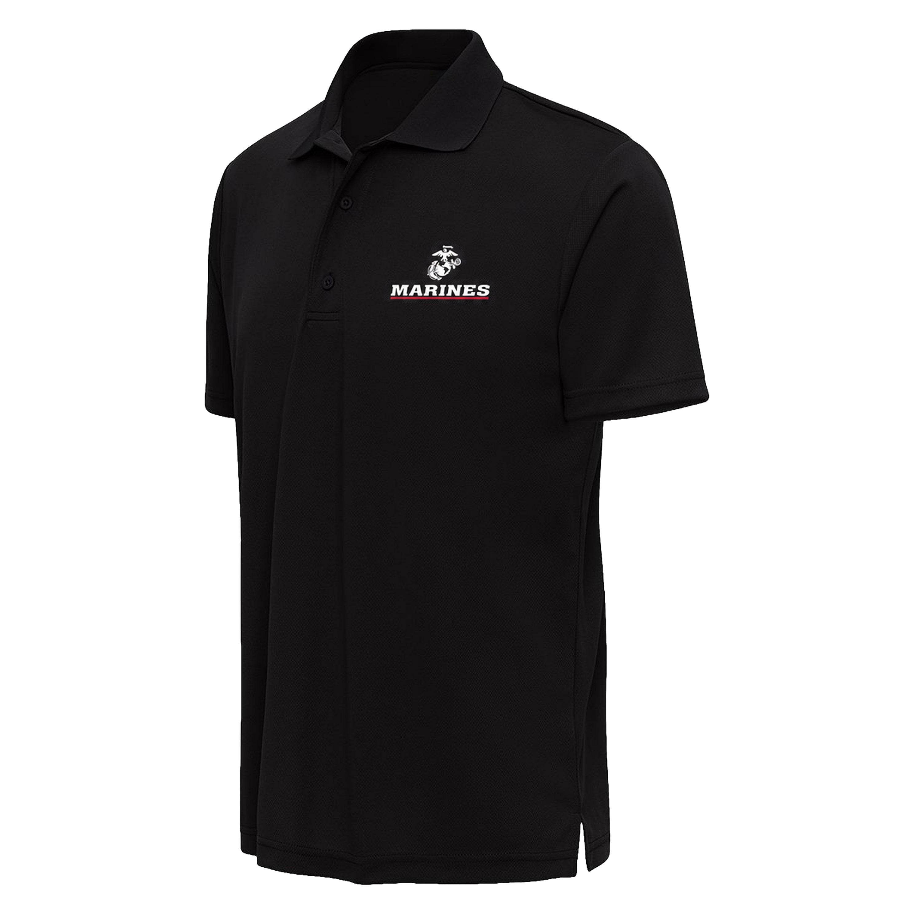 Black Marines performance polo with Eagle, Globe & Anchor and MARINES left-chest print accented by a red underline. USMC polo