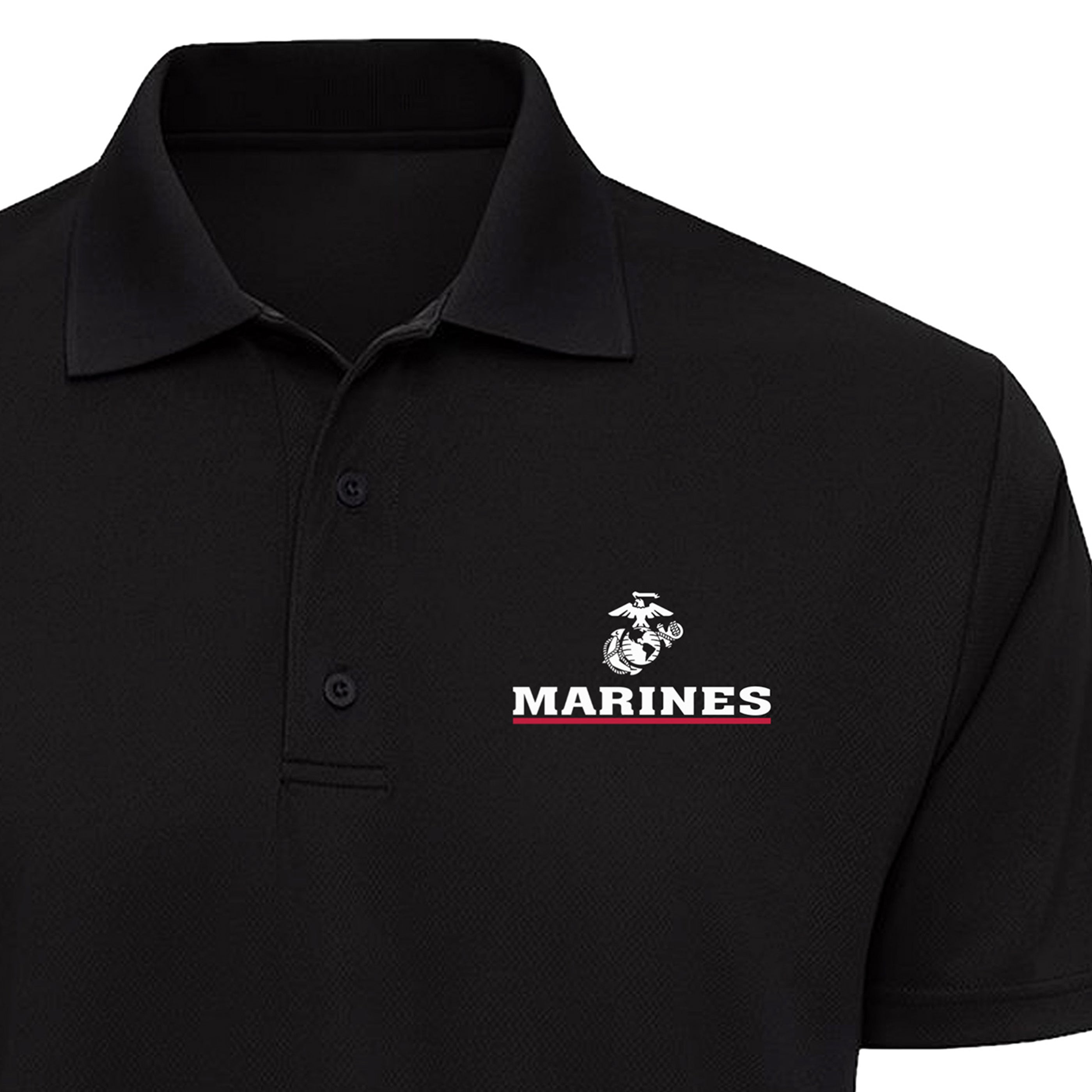 Black Marines performance polo with Eagle, Globe & Anchor and MARINES left-chest print accented by a red underline. USMC polo