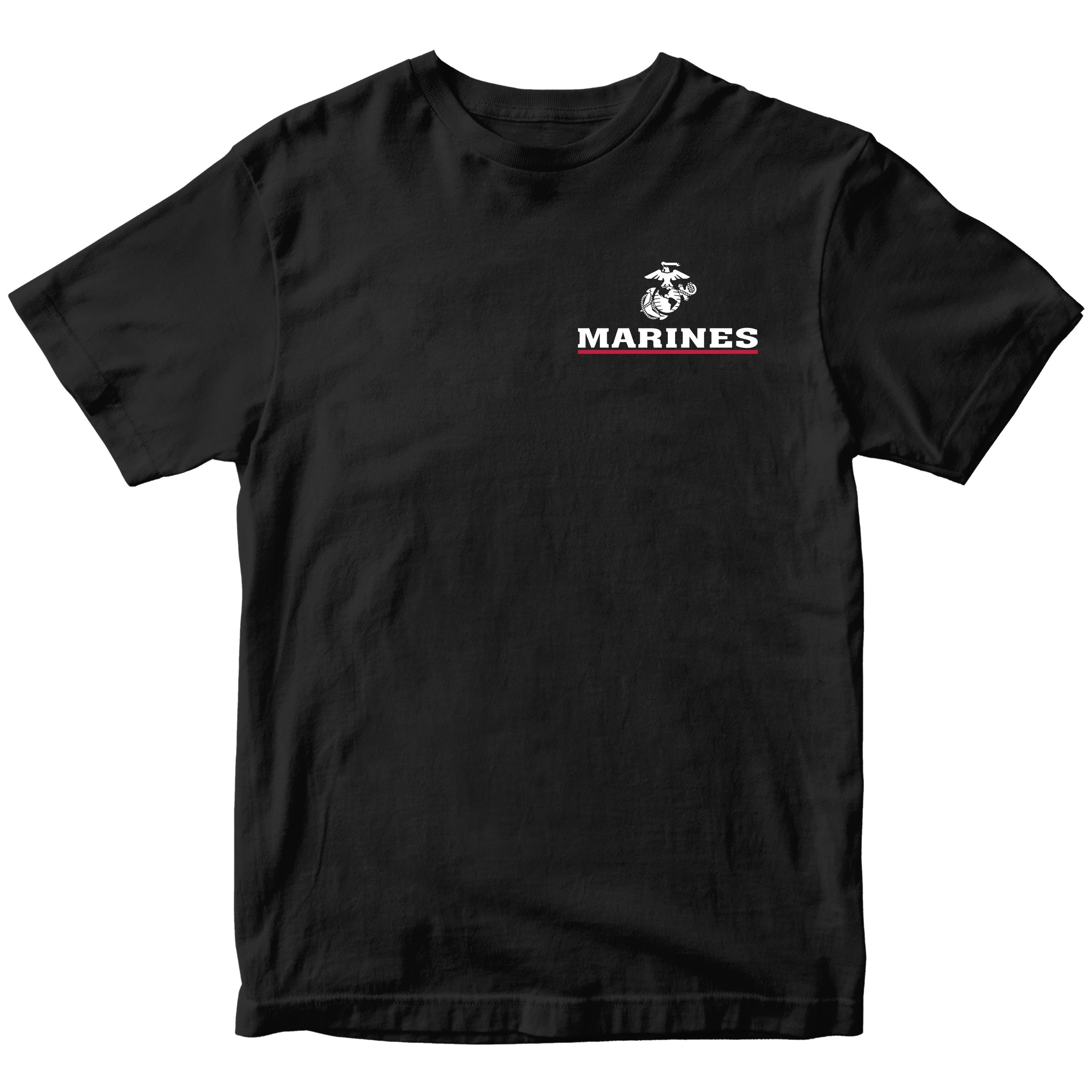 Black USMC T-shirt with EGA chest seal emblem above bold white 'MARINES' text and a red underline, minimalist Marine Corps design.