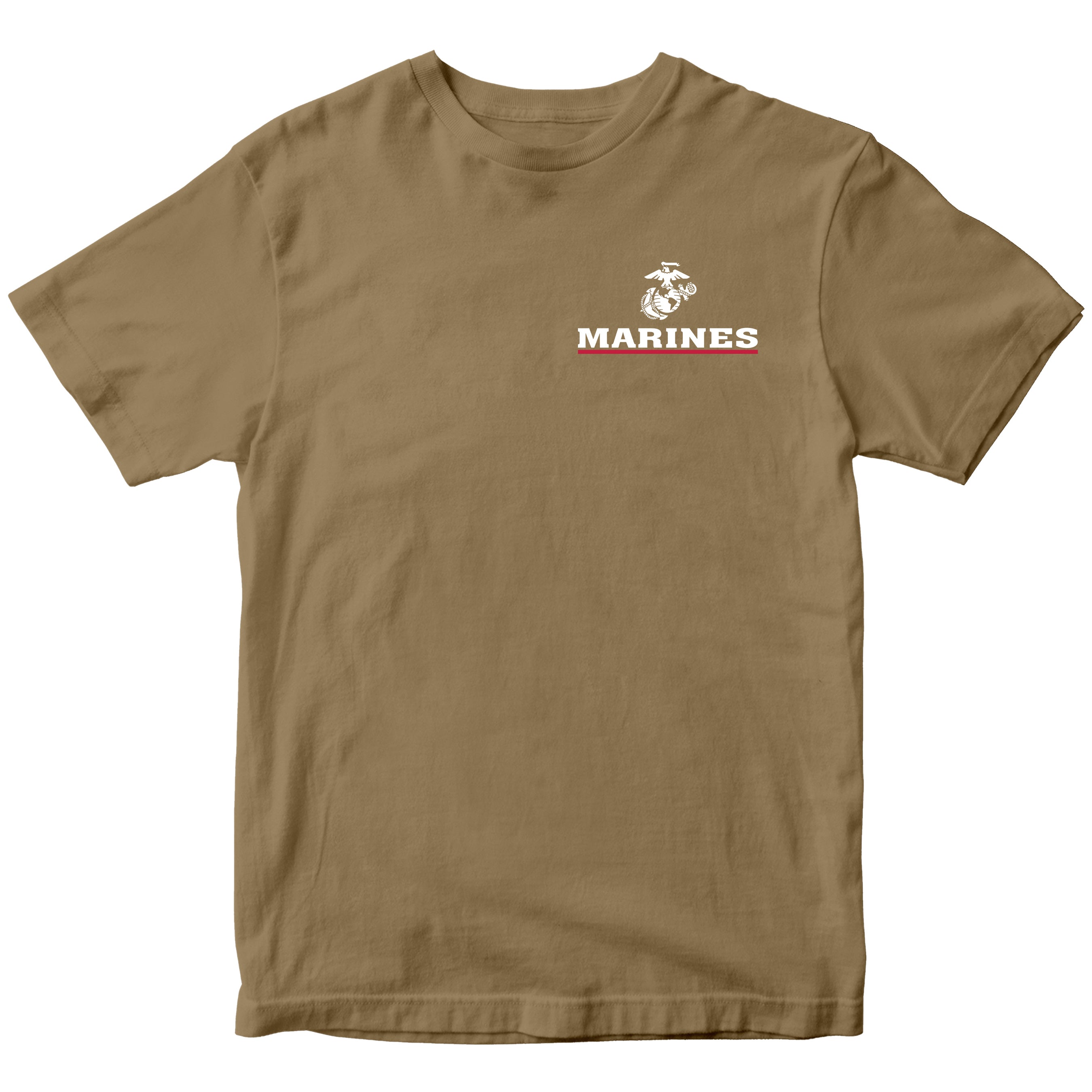 Brown USMC T-shirt with EGA chest seal emblem above bold white 'MARINES' text and a red underline, minimalist Marine Corps design.