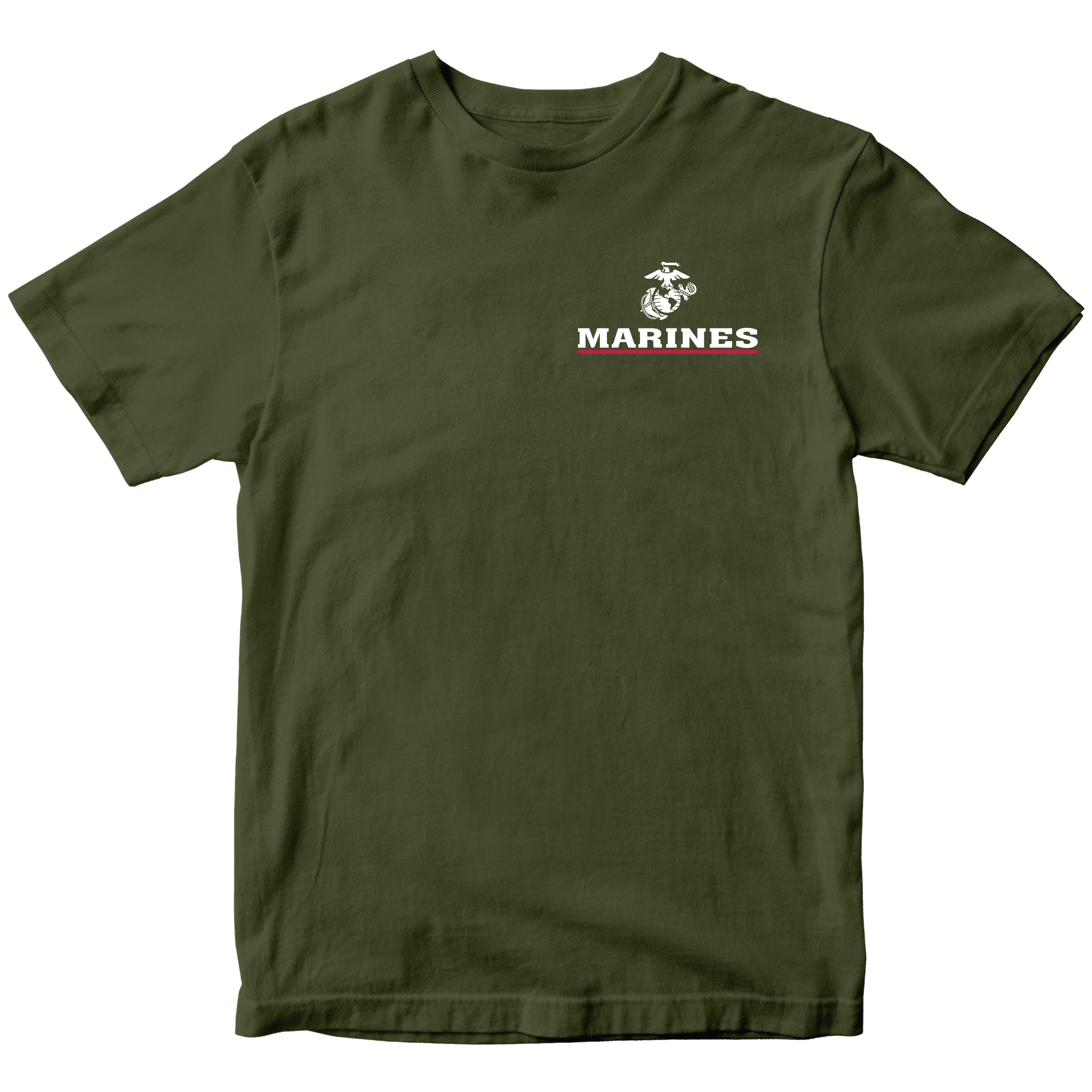 Green USMC T-shirt with EGA chest seal emblem above bold white 'MARINES' text and a red underline, minimalist Marine Corps design.