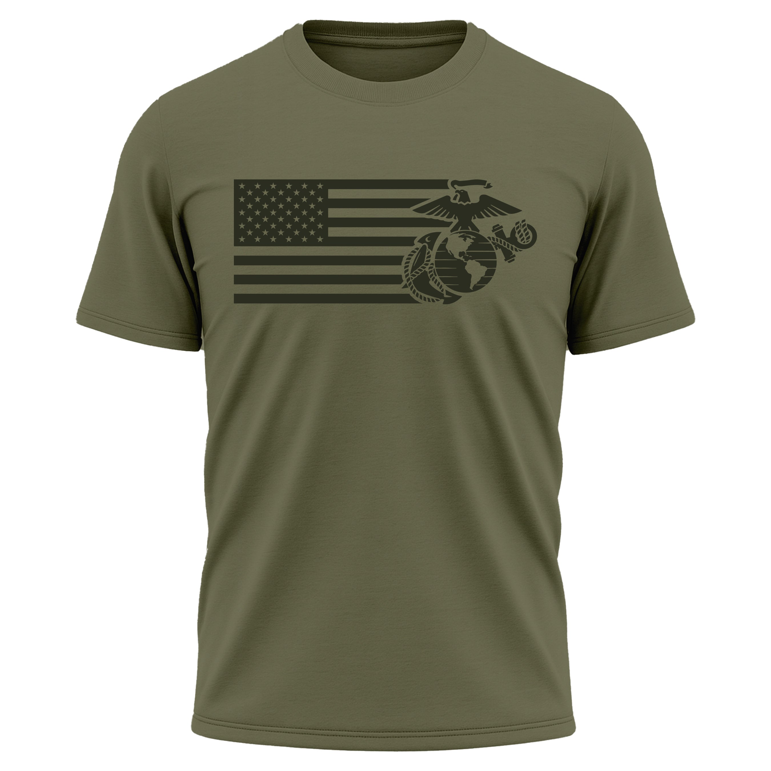 USMC Split Flag and EGA performance t-shirt with monochromatic Marine Corps front graphic. Marines American flag and EGA tee. USMC workout tee