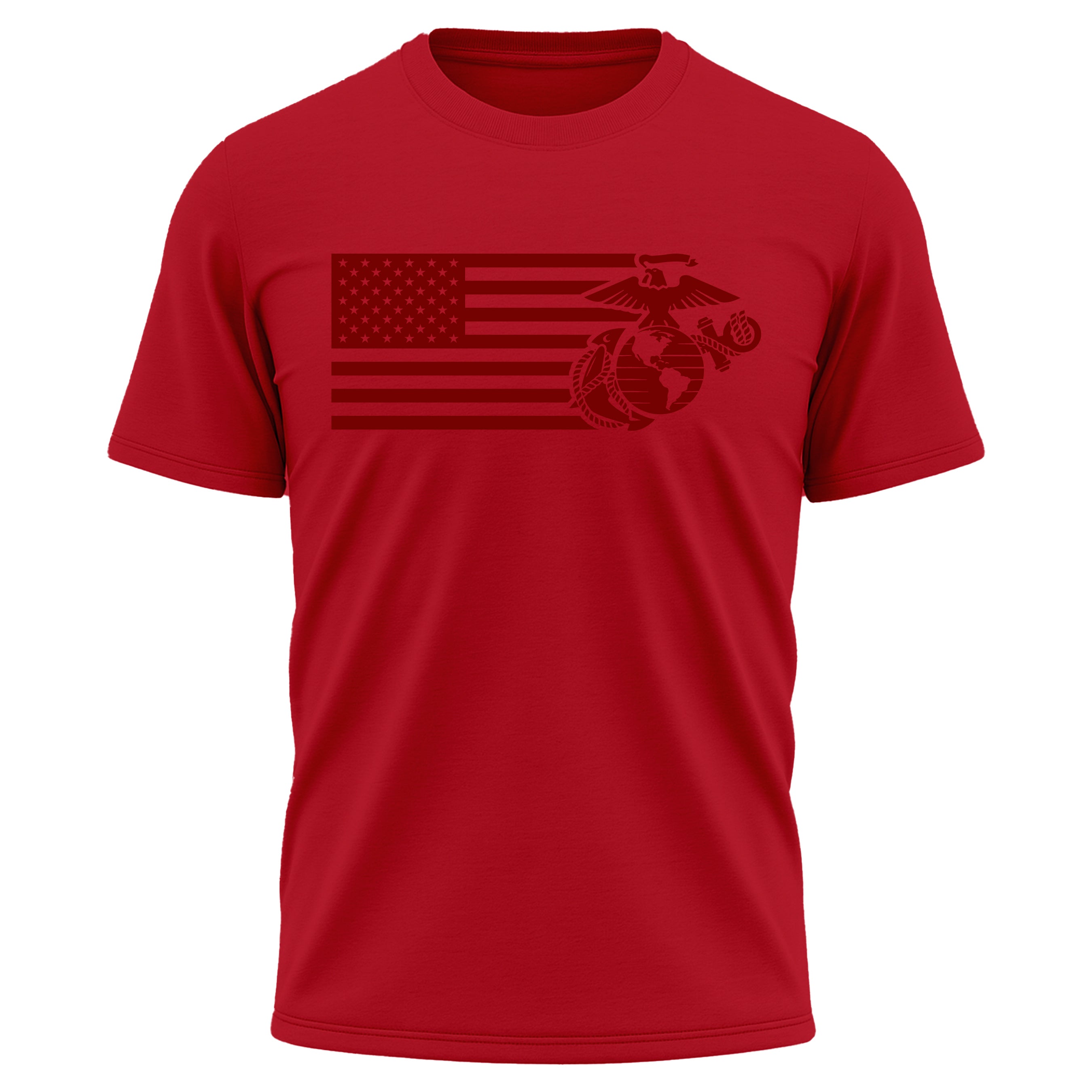 Red USMC Split Flag and EGA performance t-shirt with monochromatic Marine Corps front graphic. Marines American flag and EGA tee. USMC workout tee.