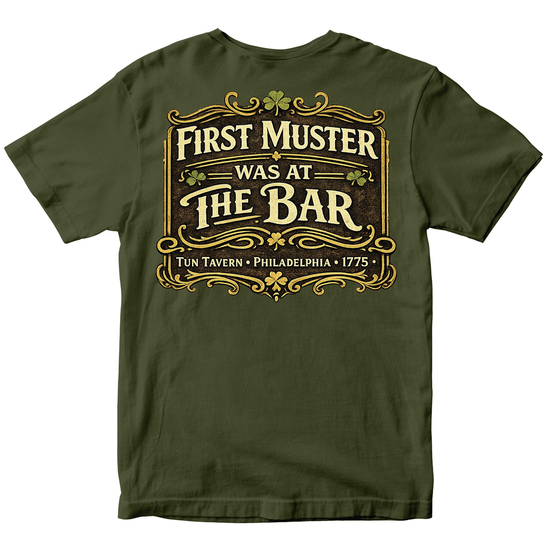 Green Marines Tun Tavern St. Patrick’s Day T-shirt with ‘First Muster Was at the Bar’ graphic. USMC St. Patrick's Day Tee