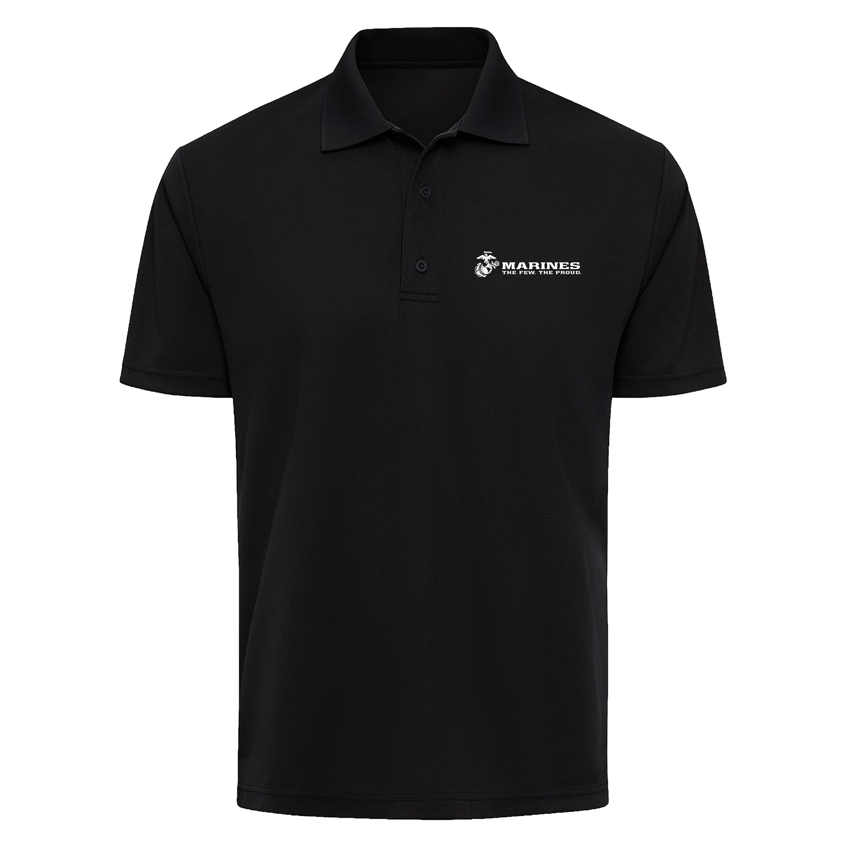 Black USMC performance polo with white Eagle, Globe & Anchor, Marines lettering, and The Few. The Proud. left-chest print. Marines The Few The Proud Polo
