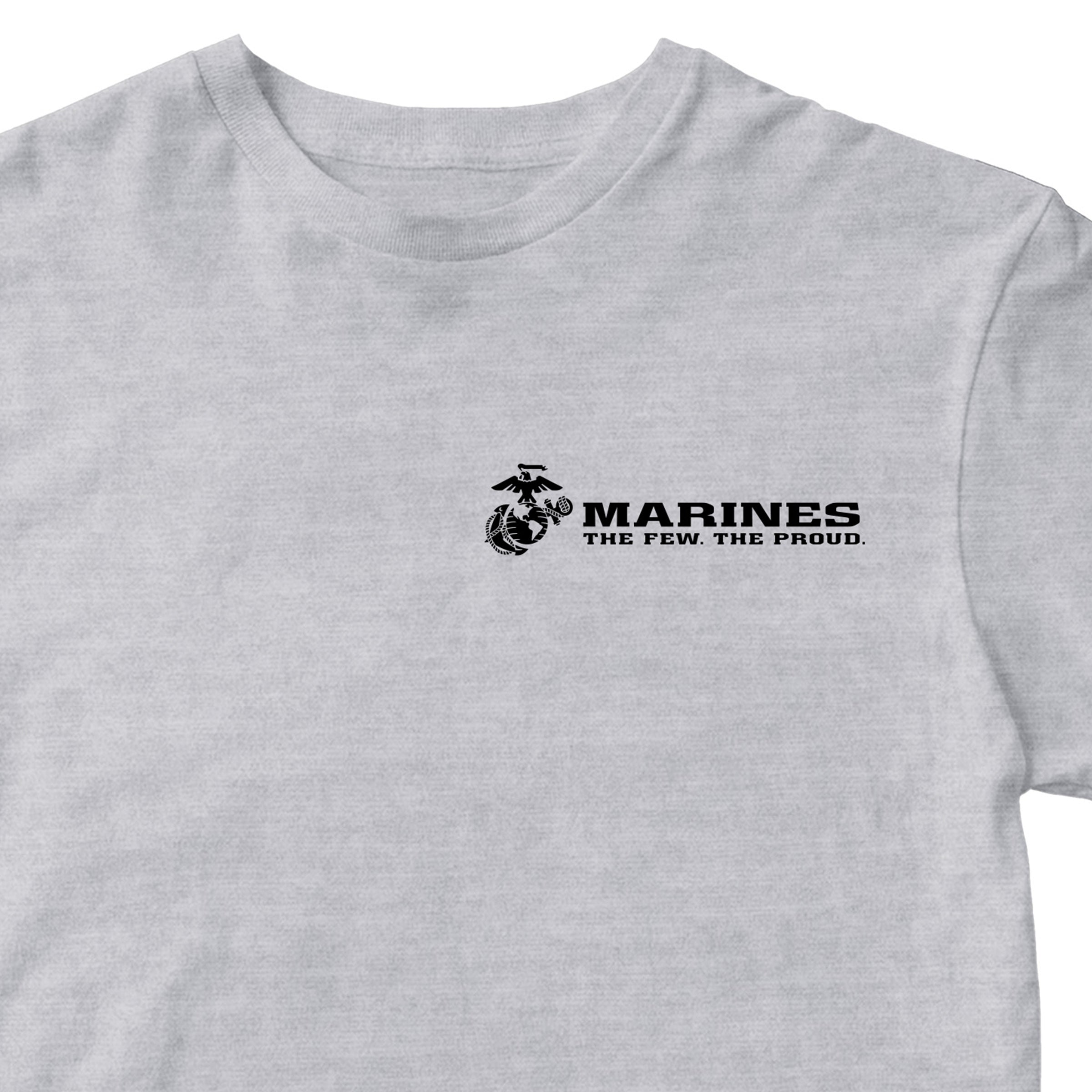 Gray USMC t-shirt with Eagle Globe Anchor and The Few The Proud slogan