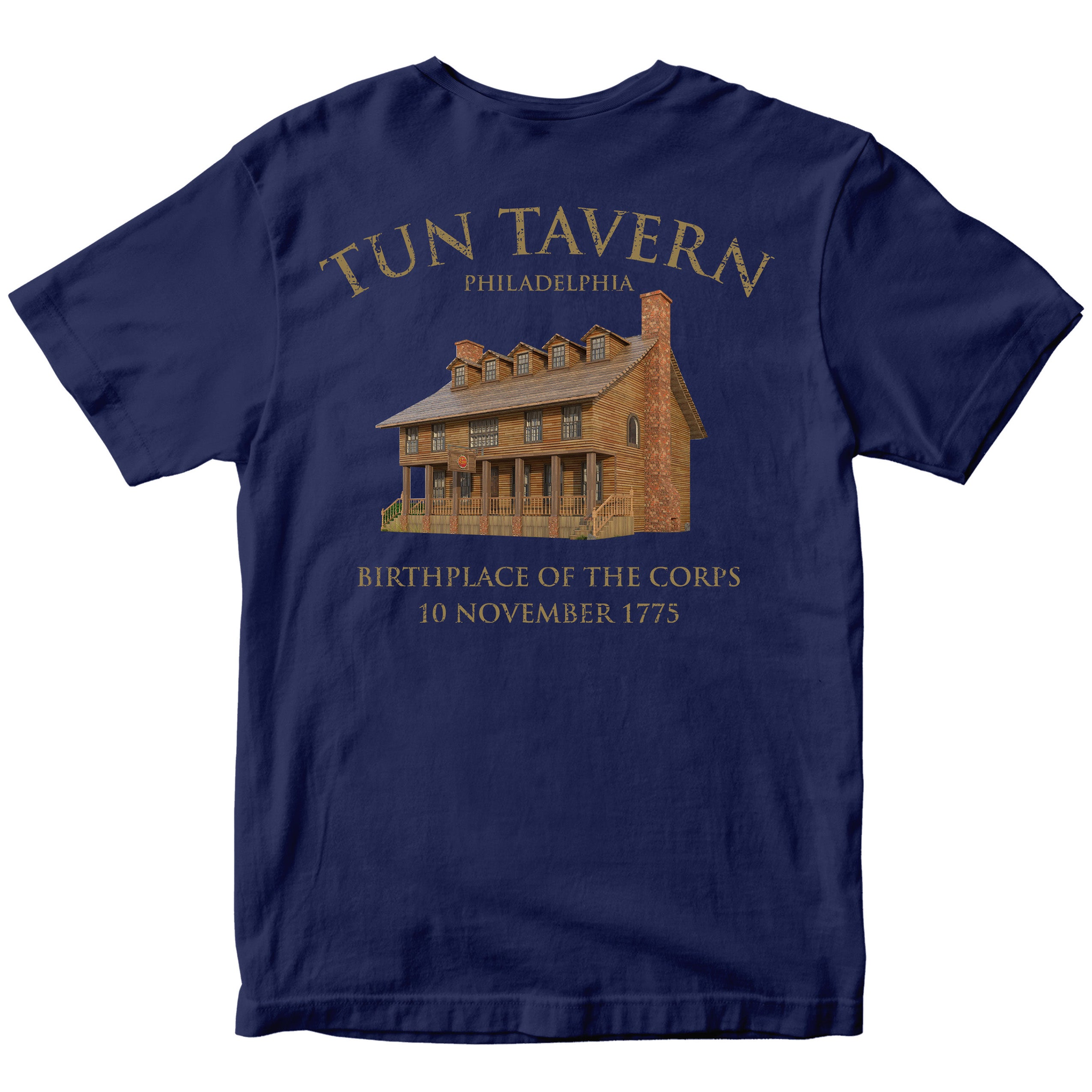 Navy Blue USMC T-shirt with back illustration of Tun Tavern with text Birthplace of the Corps – 10 November 1775.