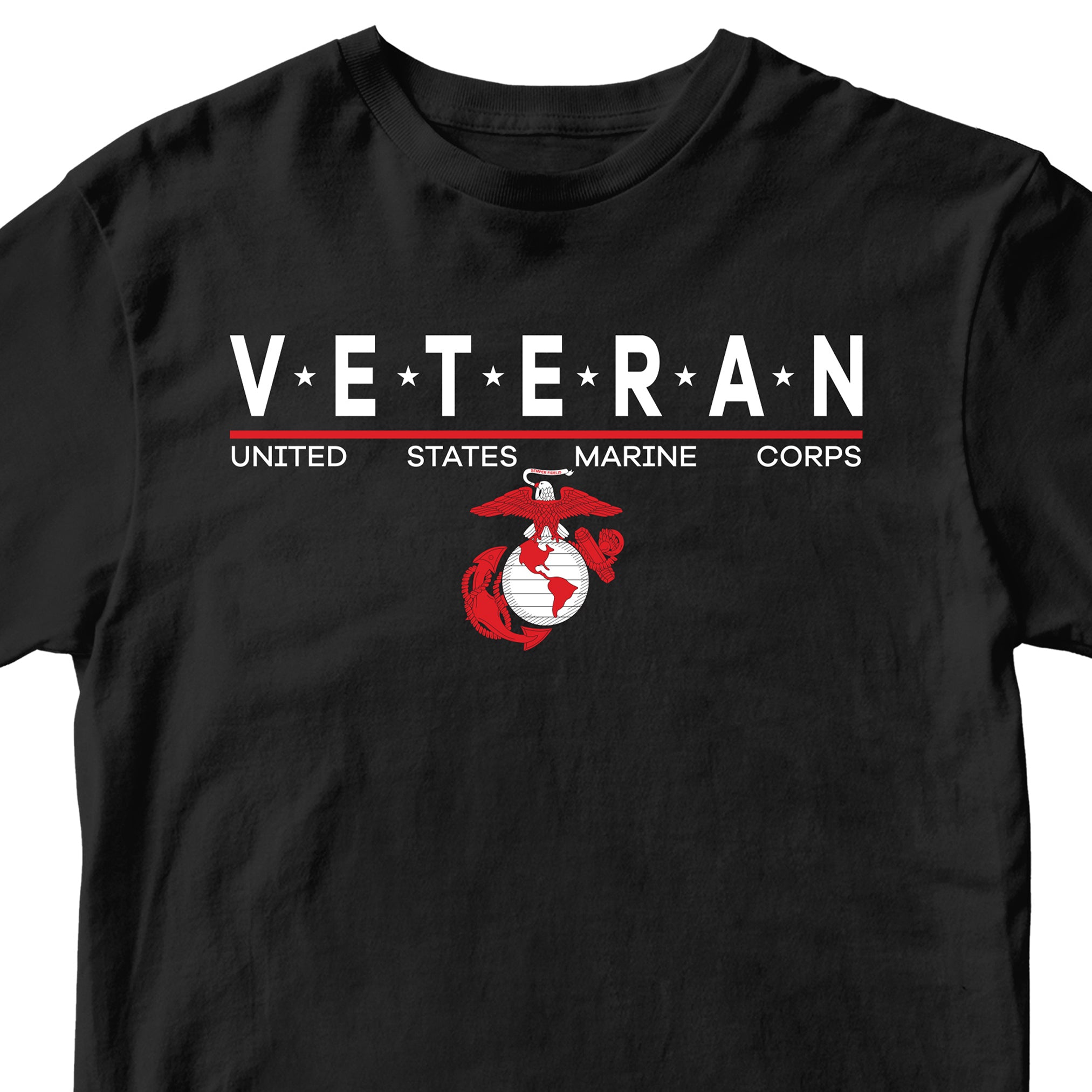 Black USMC Veteran T-shirt with star-accented ‘VETERAN’ text and Eagle, Globe and Anchor emblem.