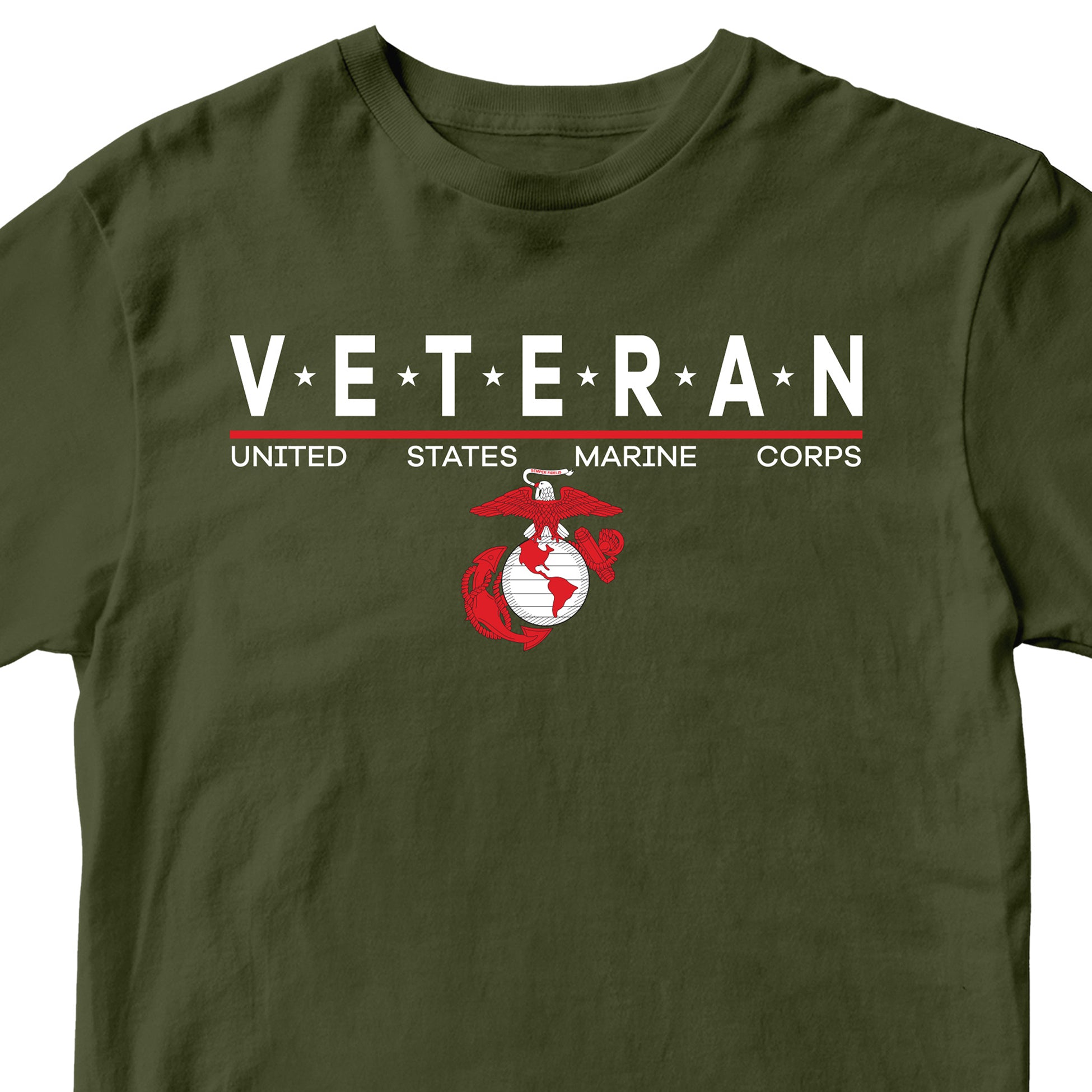 Green USMC Veteran T-shirt with star-accented ‘VETERAN’ text and Eagle, Globe and Anchor emblem.