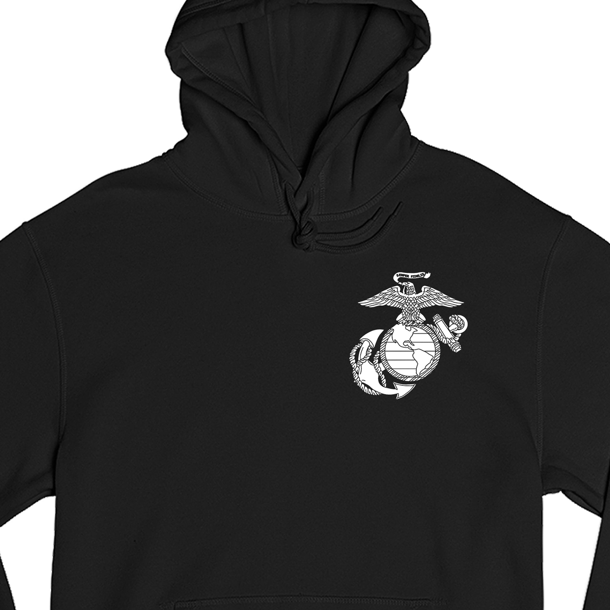 Black Marines Vintage EGA Chest Seal hoodie with Eagle Globe and Anchor left-chest graphic