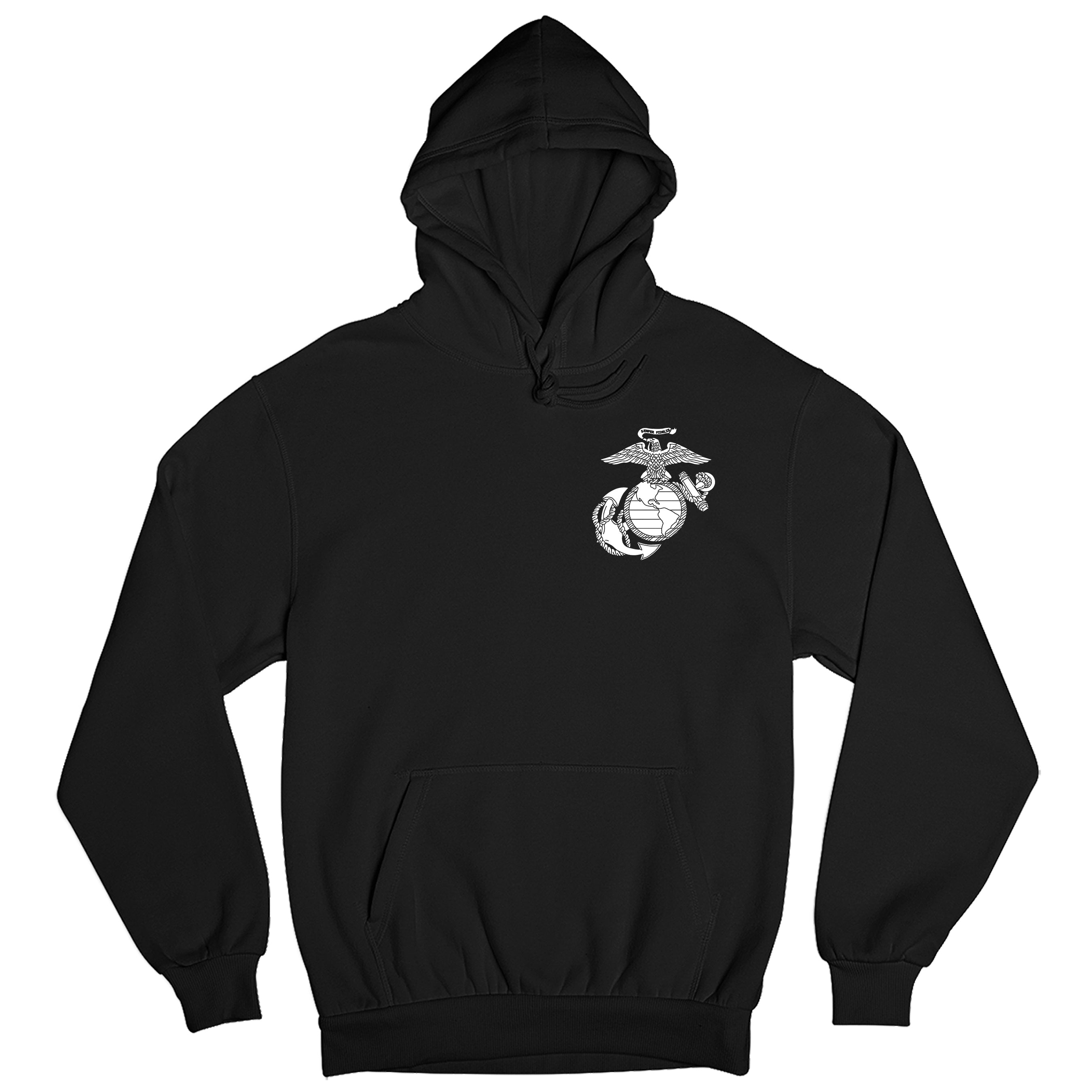 Black Marines Vintage EGA Chest Seal hoodie with Eagle Globe and Anchor left-chest graphic