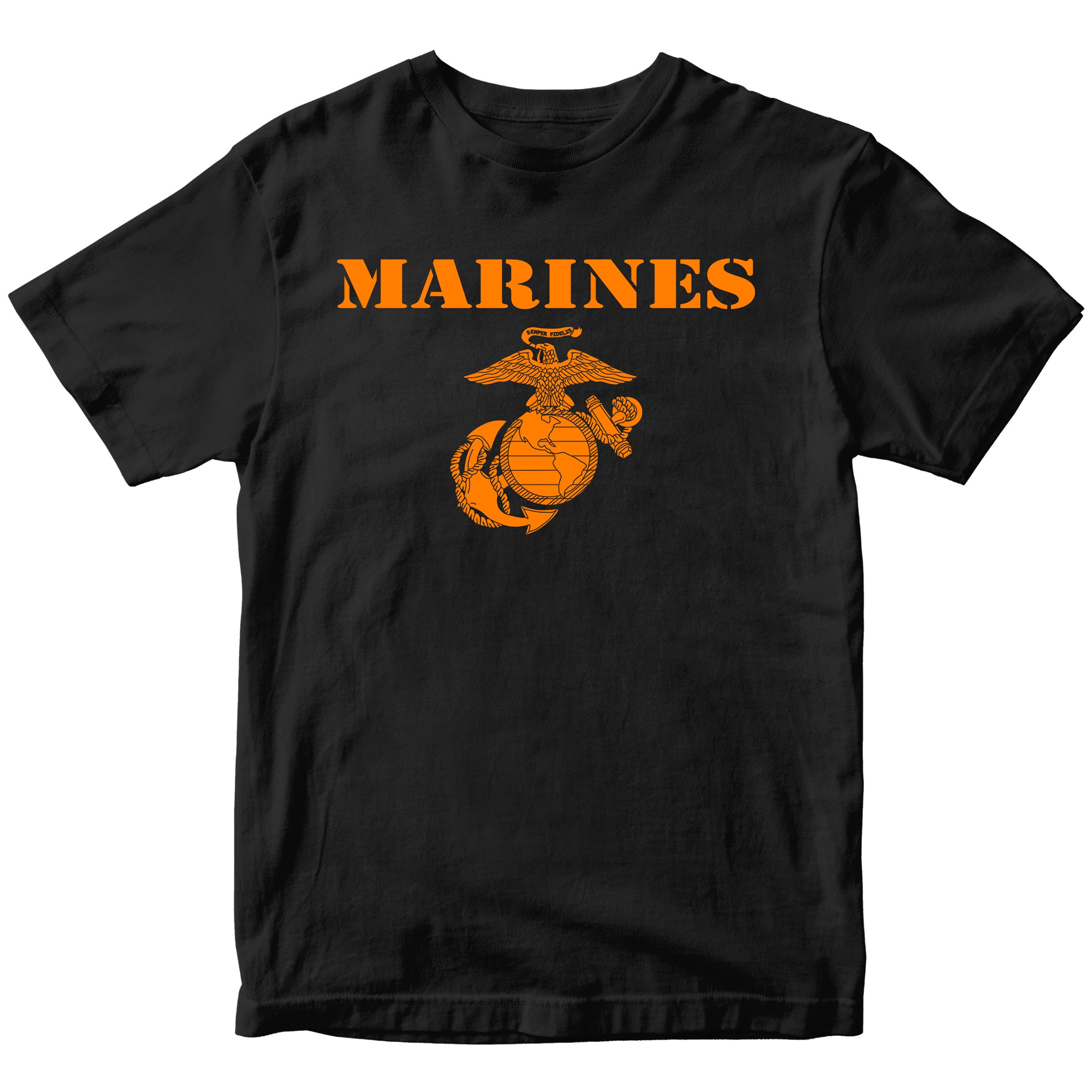Black limited-edition USMC Halloween T-shirt with orange vintage Marines lettering and Eagle Globe and Anchor graphic