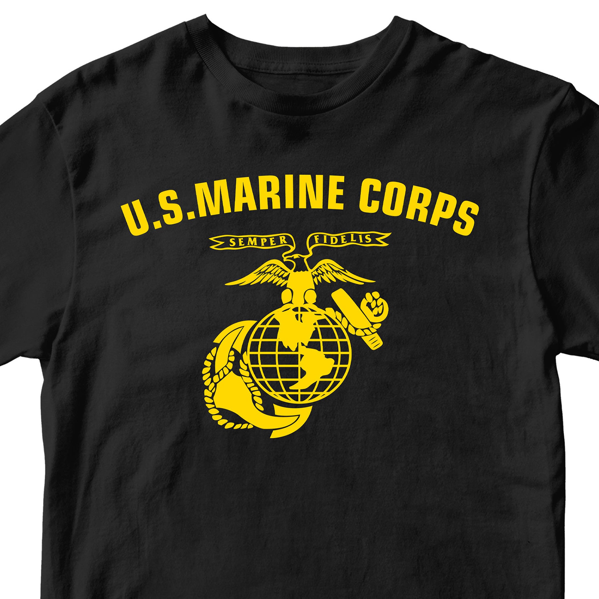 Black & Gold U.S. Marines T-shirt with large full-front ‘U.S. Marine Corps’ arch and Eagle, Globe, and Anchor emblem. USMC Tee
