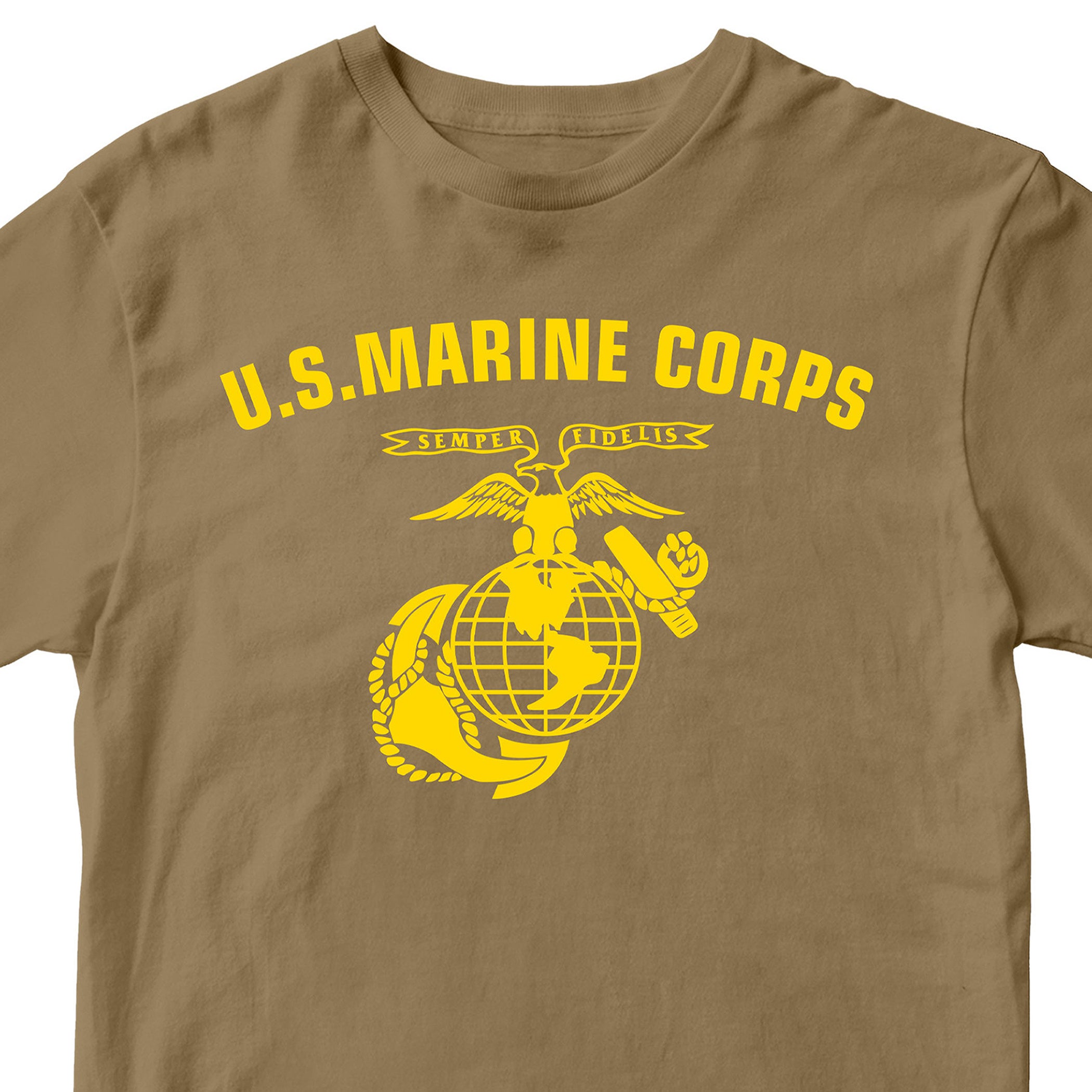 Brown & Gold U.S. Marines T-shirt with large full-front ‘U.S. Marine Corps’ arch and Eagle, Globe, and Anchor emblem. USMC Tee