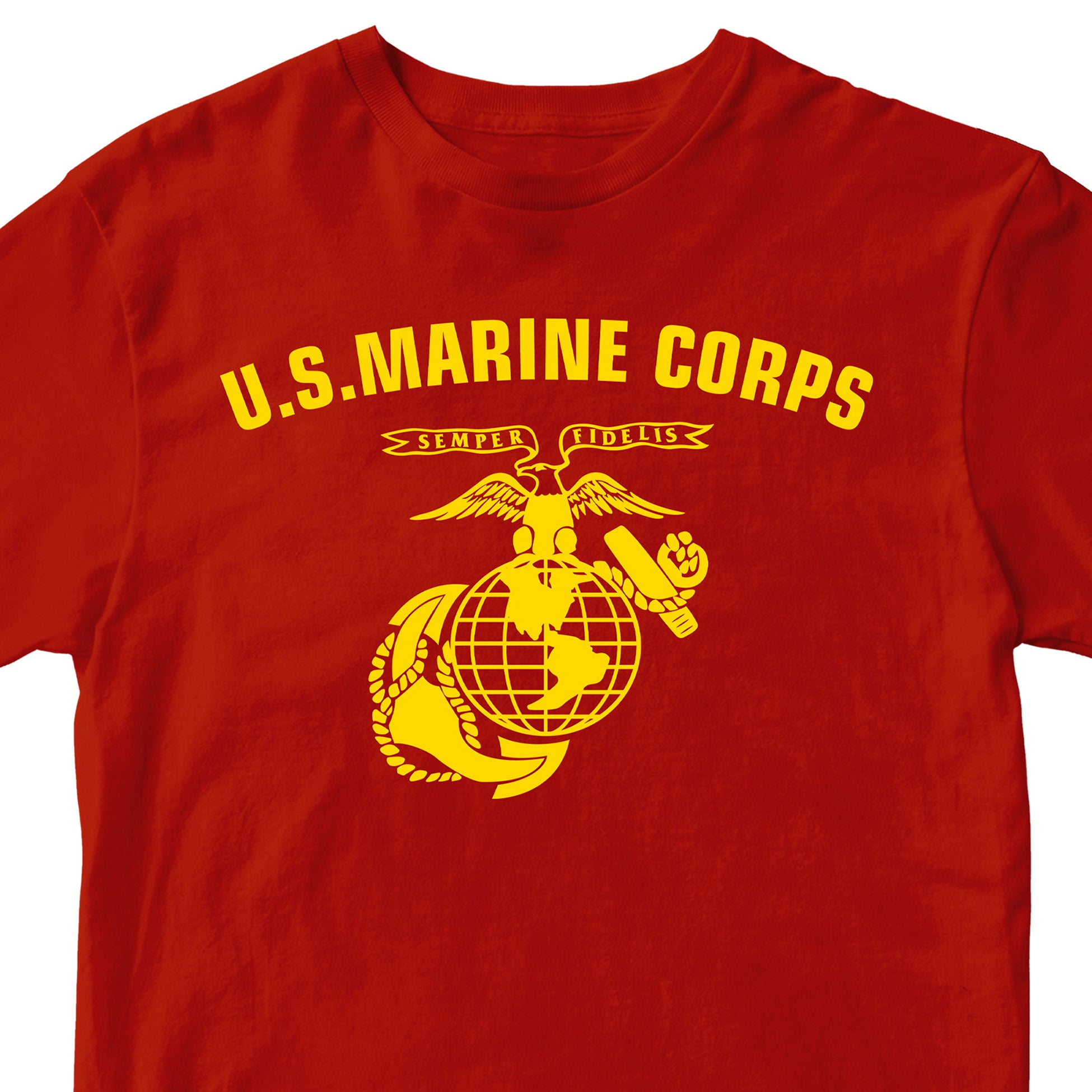 Red & Gold U.S. Marines T-shirt with large full-front ‘U.S. Marine Corps’ arch and Eagle, Globe, and Anchor emblem. USMC Tee
