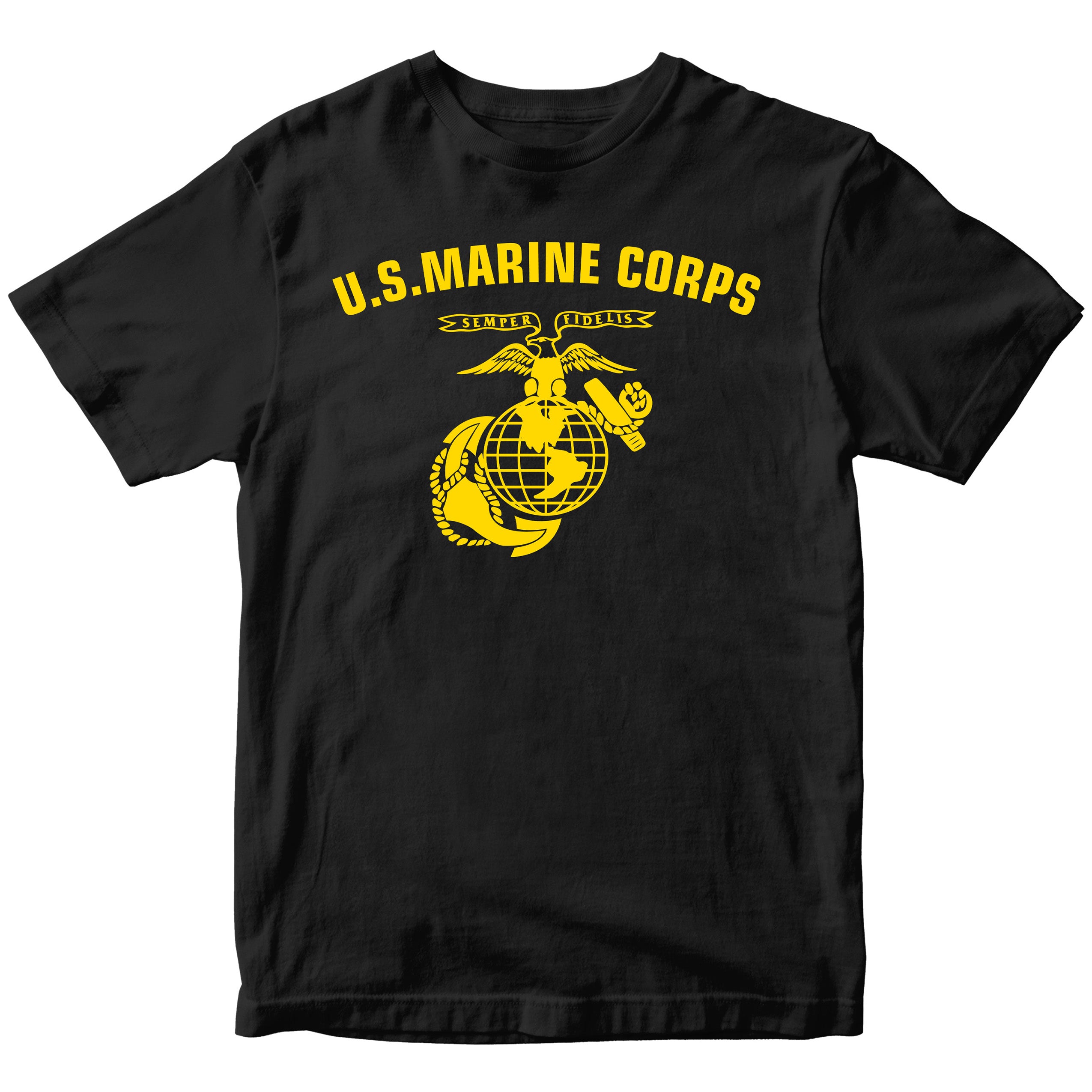 Black & Gold U.S. Marines T-shirt with large full-front ‘U.S. Marine Corps’ arch and Eagle, Globe, and Anchor emblem. USMC Tee