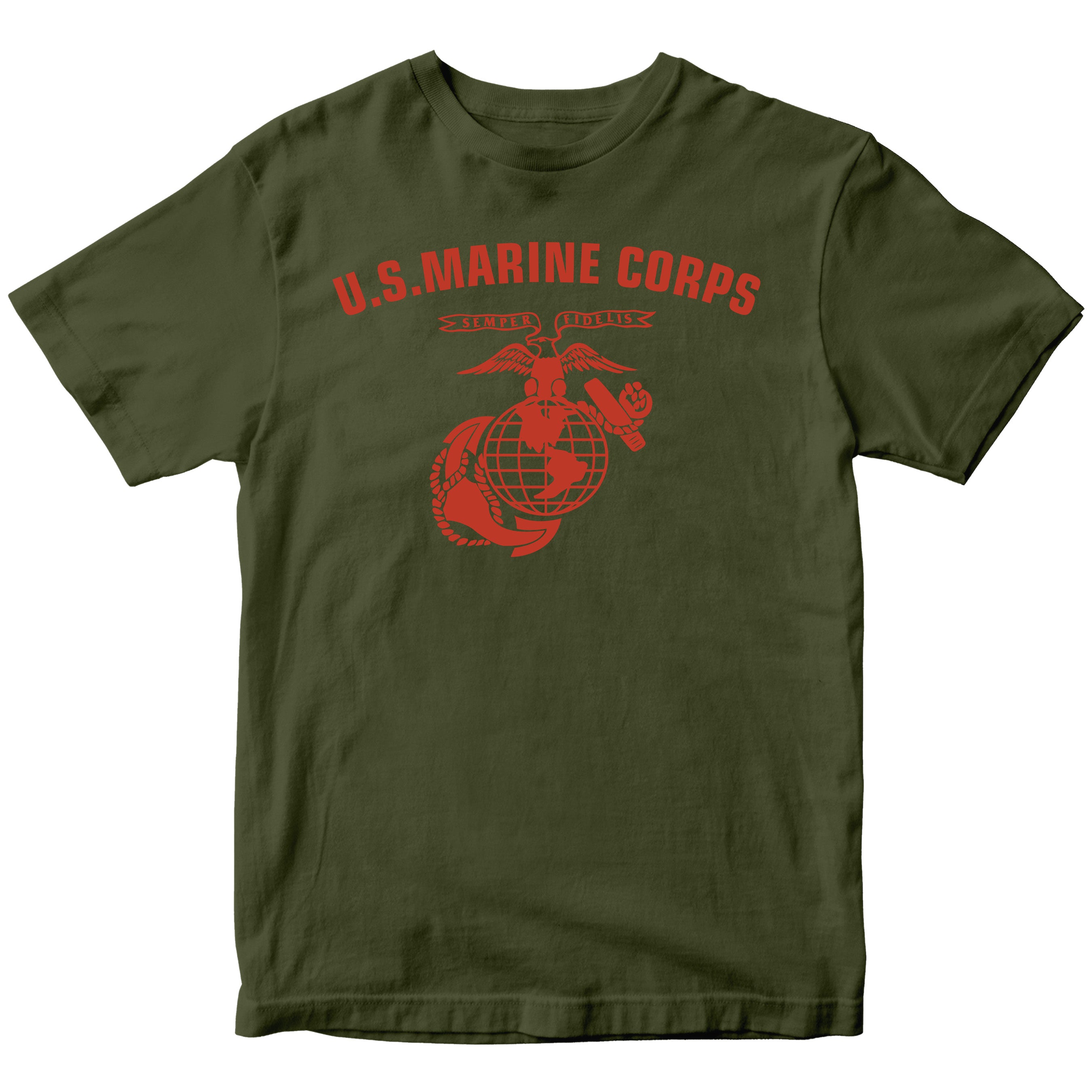 Green U.S. Marines T-shirt with large full-front ‘U.S. Marine Corps’ arch and Eagle, Globe, and Anchor emblem. USMC Tee