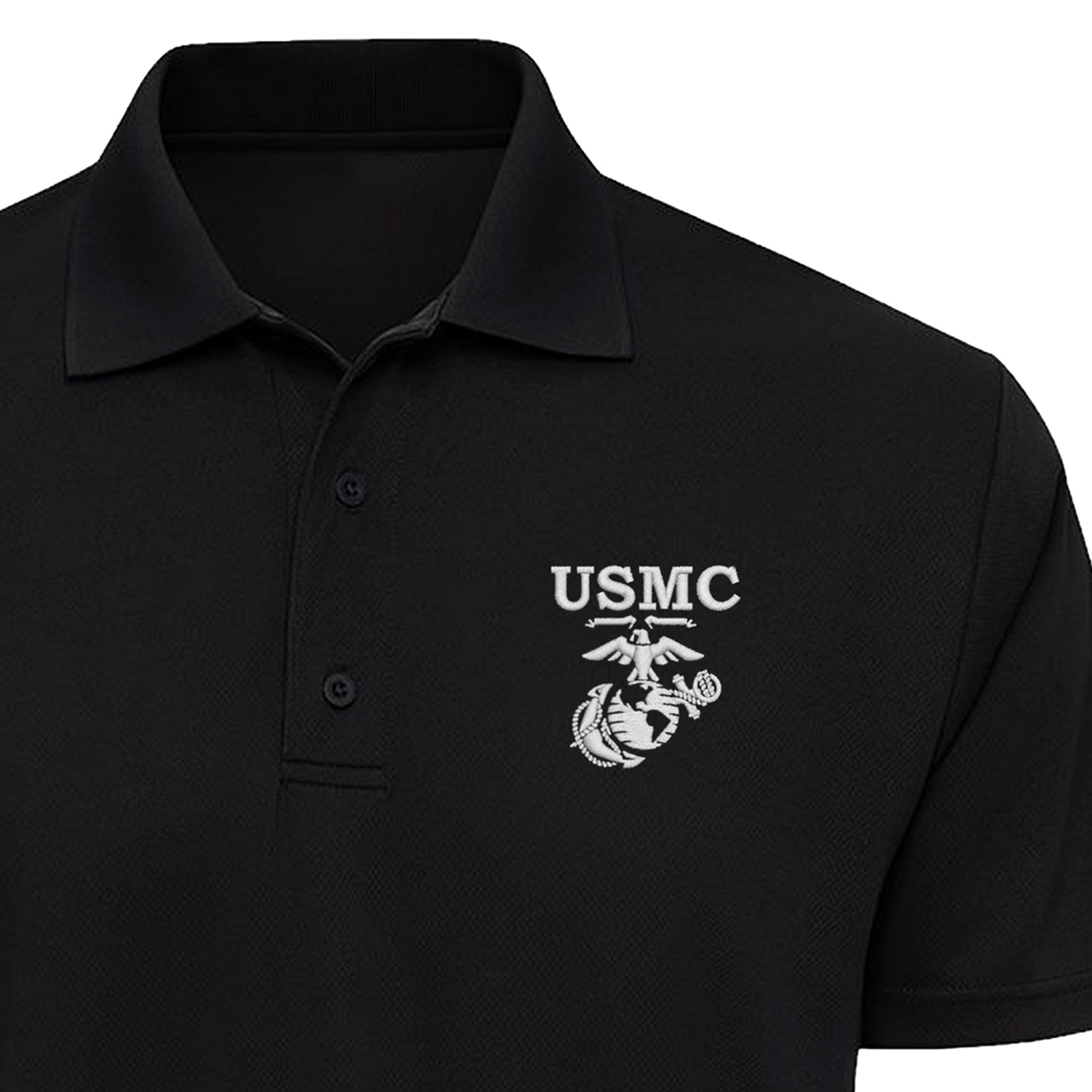 Black USMC performance polo with embroidered white USMC lettering and an old-school Eagle, Globe & Anchor on the left chest. Marines Polo