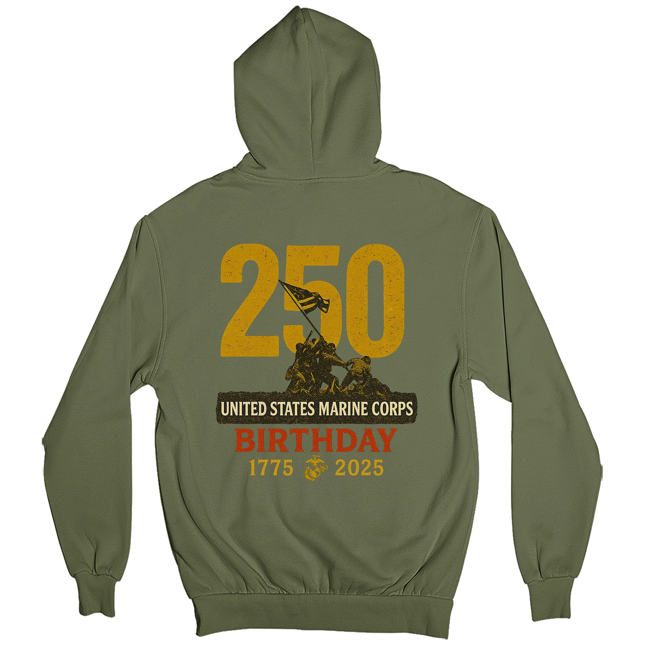 USMC 250th Birthday hoodie with back design featuring bold gold '250,' Iwo Jima flag-raising graphic, and text 'United States Marine Corps Birthday 1775–2025'