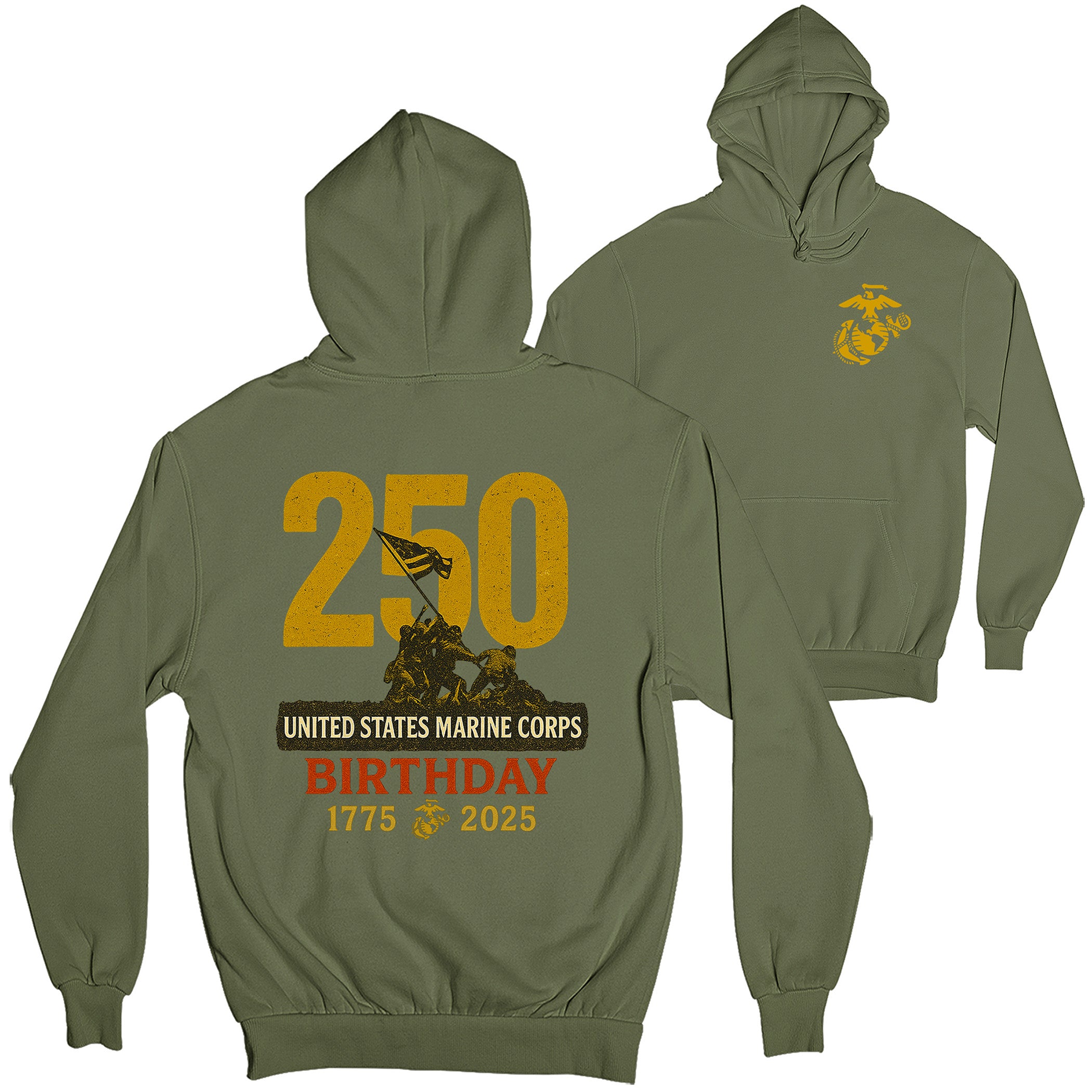USMC 250th Birthday hoodie with front chest Eagle, Globe, and Anchor emblem and large back design featuring bold gold '250,' Iwo Jima flag-raising graphic, and text 'United States Marine Corps Birthday 1775–2025'
