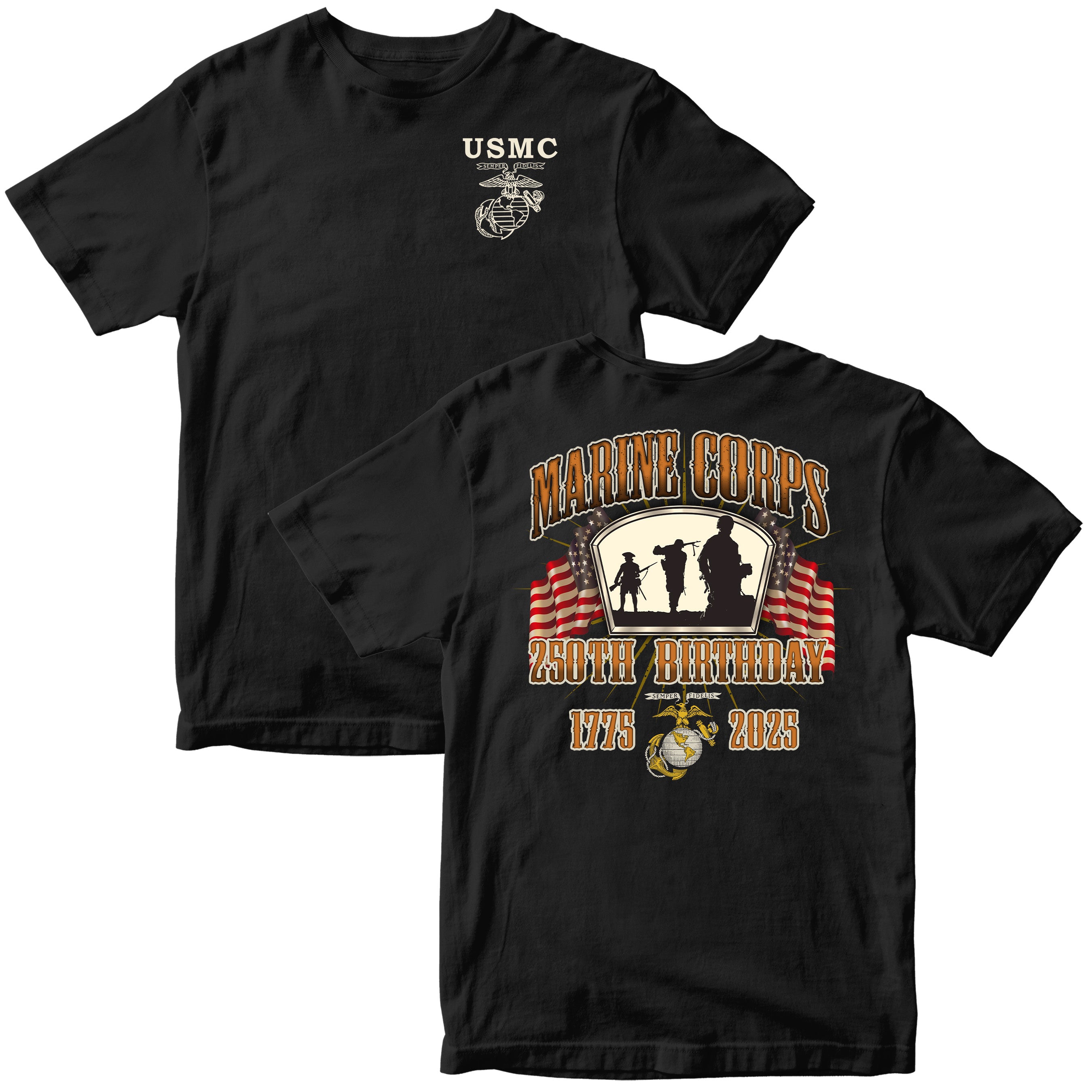 black USMC Anniversary t-shirt with the Marine Corps 250th Birthday logo, featuring the Iwo Jima silhouette, American flags, and the Eagle, Globe, and Anchor emblem on the front and back.