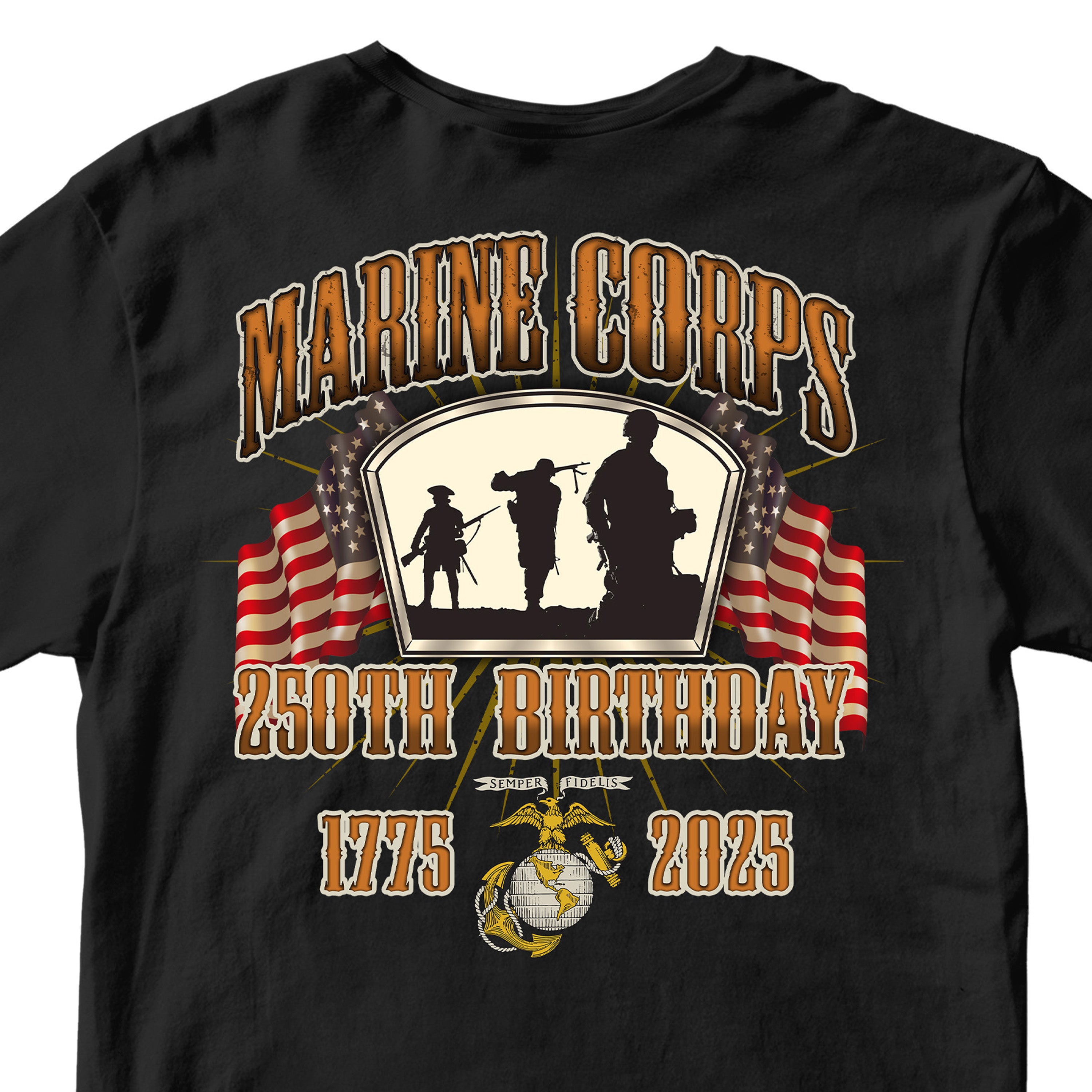 black USMC Anniversary t-shirt with the Marine Corps 250th Birthday logo, featuring the Iwo Jima silhouette, American flags, and the Eagle, Globe, and Anchor emblem on back.
