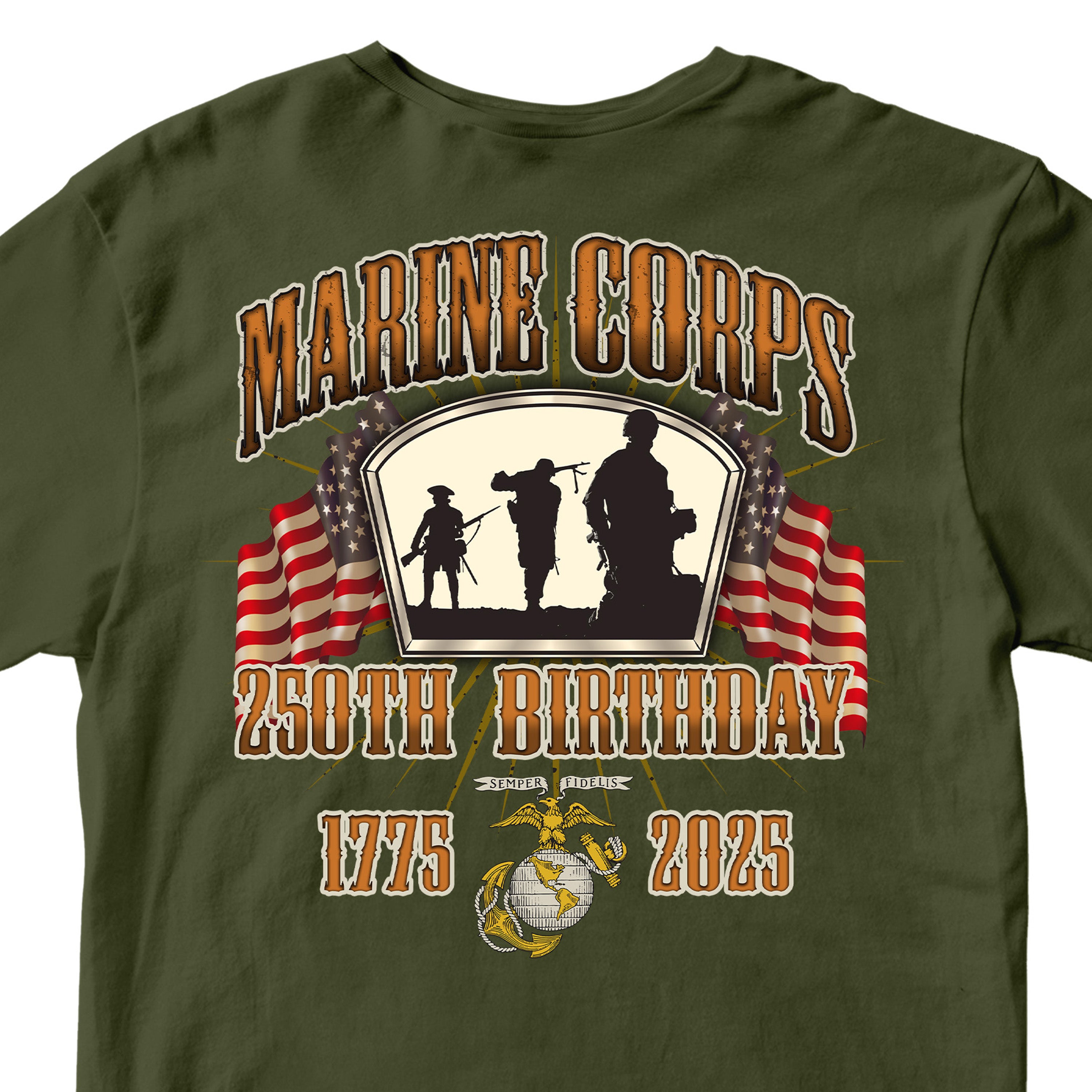 green USMC Anniversary t-shirt with the Marine Corps 250th Birthday logo, featuring the Iwo Jima silhouette, American flags, and the Eagle, Globe, and Anchor emblem on back.