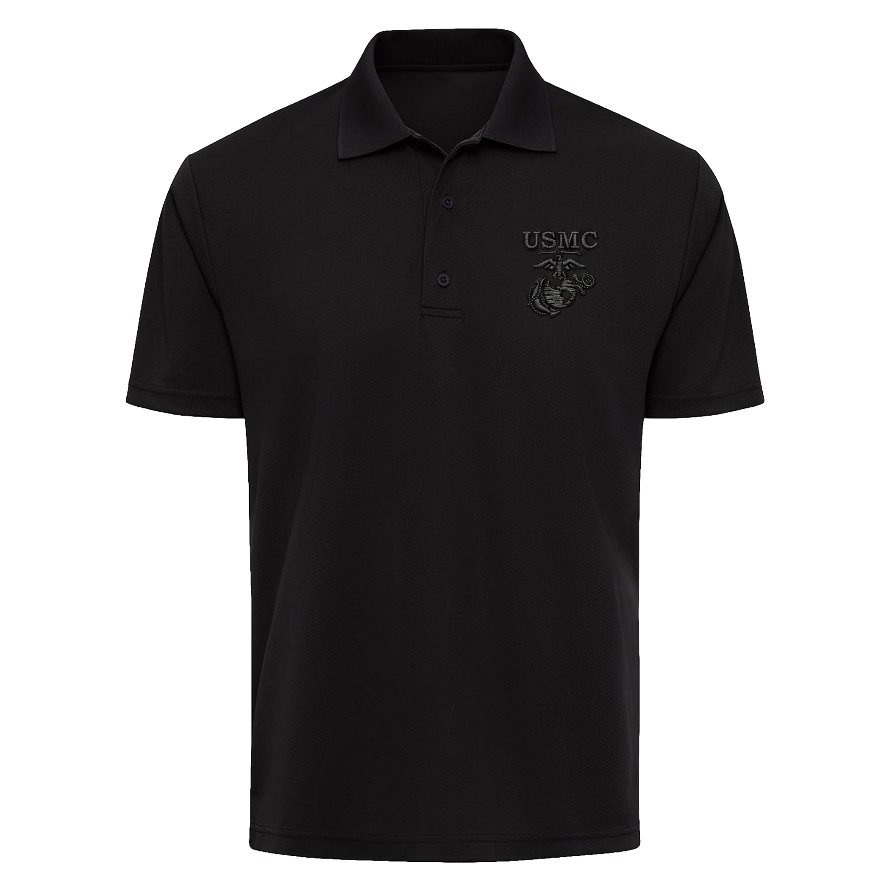 Black USMC performance polo with black on black embroidered USMC EGA. Marines blackout polo