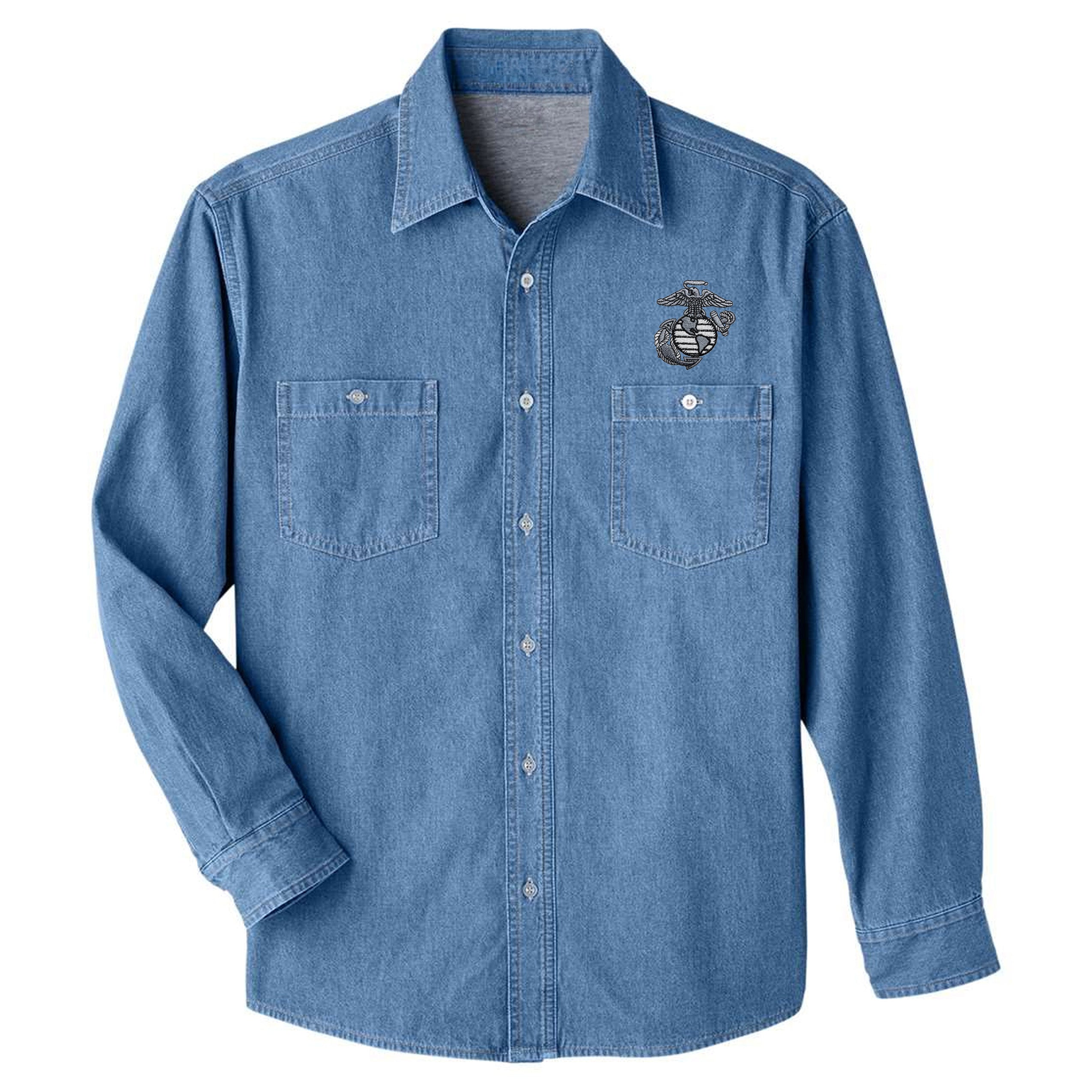 Marines Shadow EGA embroidered light blue denim shirt with tonal Eagle, Globe & Anchor chest embroidery and dual buttoned chest pockets.
