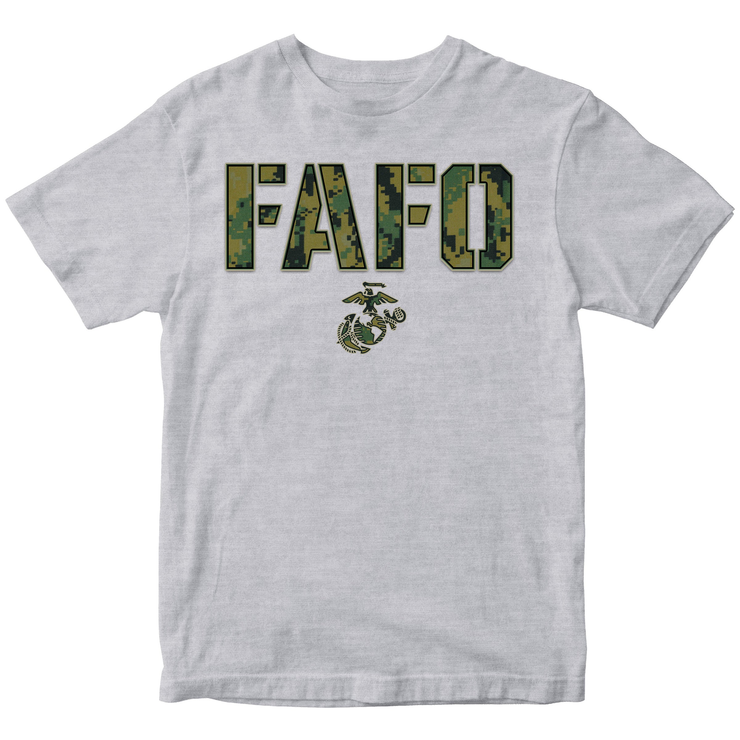 Gray FAFO camo T-shirt with digital camouflage lettering and Eagle Globe and Anchor