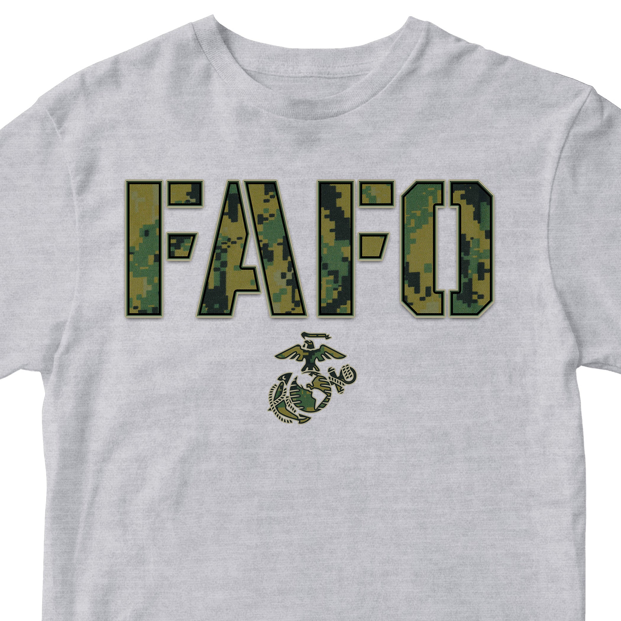 Gray FAFO camo T-shirt with digital camouflage lettering and Eagle Globe and Anchor