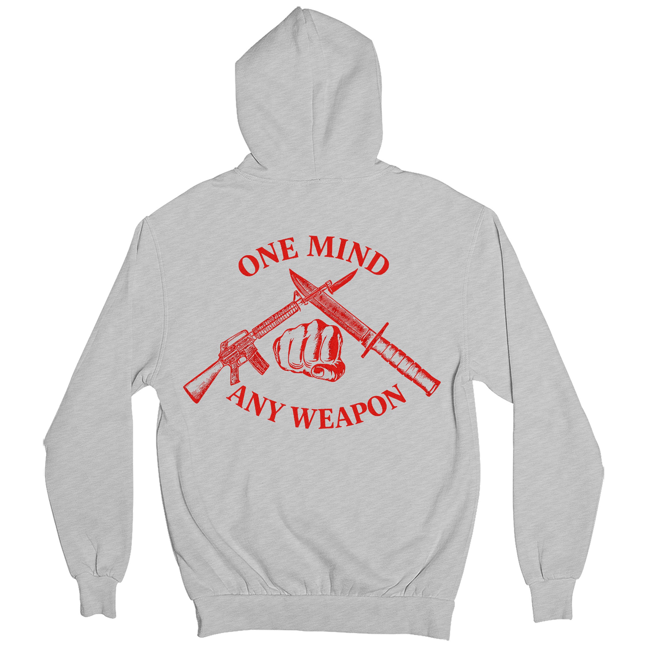 Gray Marines Fight Club Hoodie with back graphic reading ‘One Mind Any Weapon’ with crossed riffle and knife and clenched fist.