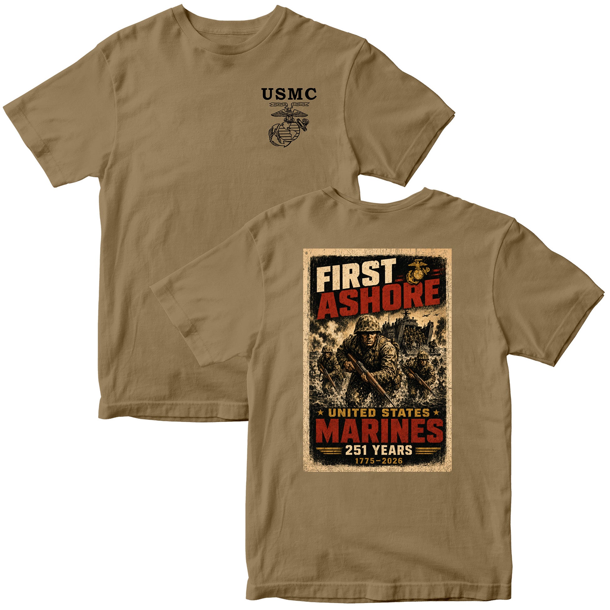 brown USMC 251st Birthday First Ashore T-shirt with Marines landing graphic, 1775–2026 anniversary design, and Old School EGA chest seal