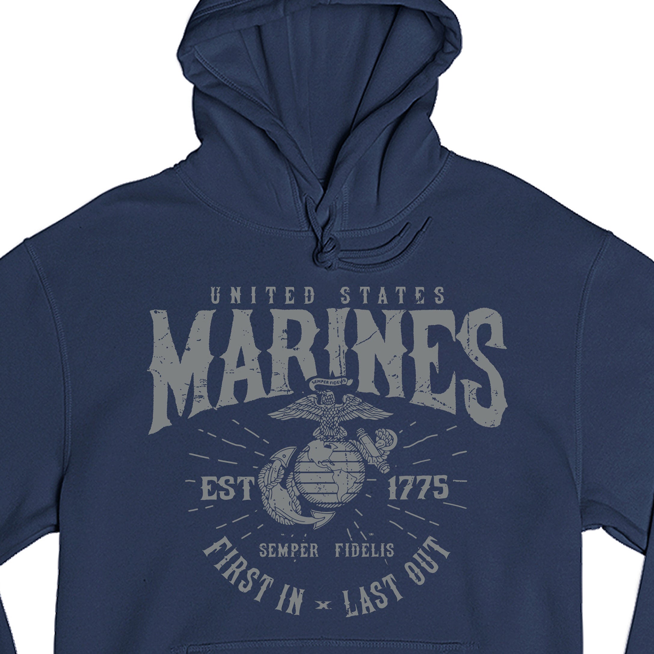 Marines First In Last Out Navy Hoodie