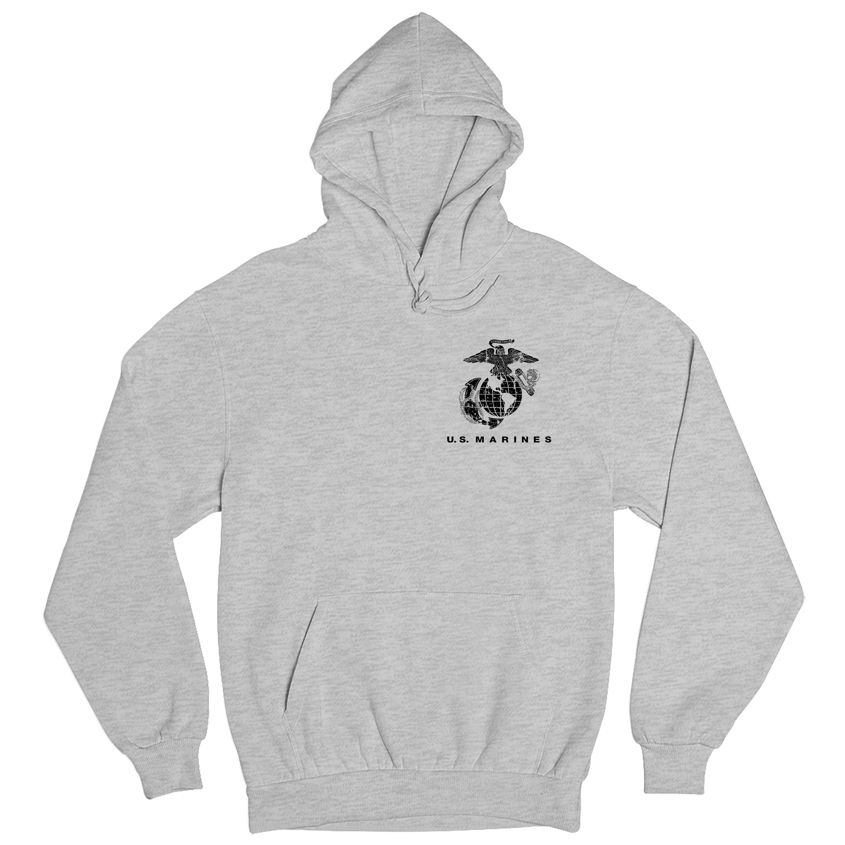 Gray USMC hoodie with Eagle Globe Anchor chest emblem