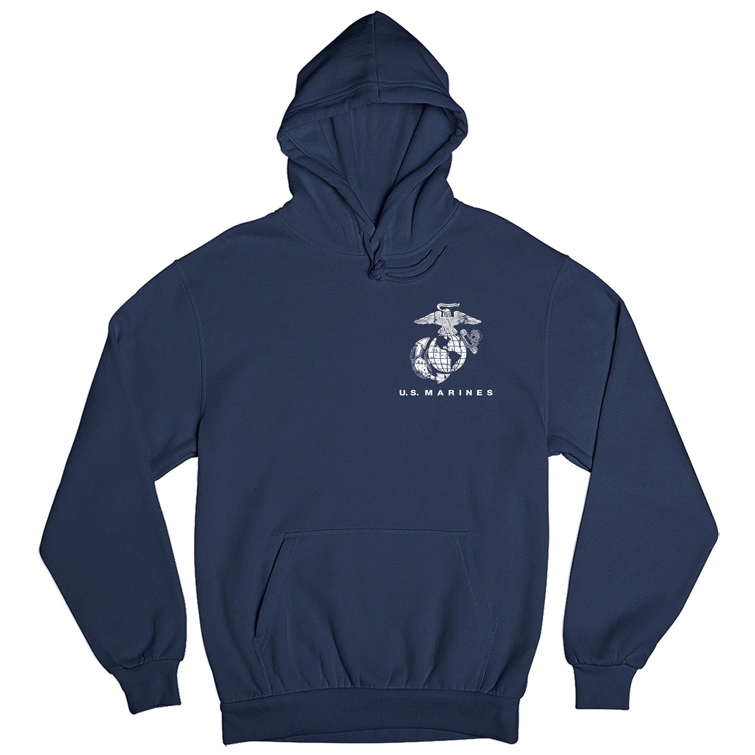 Navy USMC hoodie with Eagle Globe Anchor chest emblem
