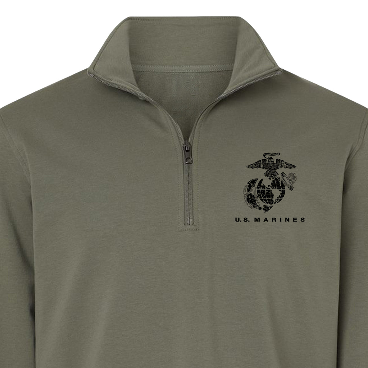 OD Green U.S. Marines Global Guardian performance quarter-zip pullover with Eagle Globe and Anchor chest graphic