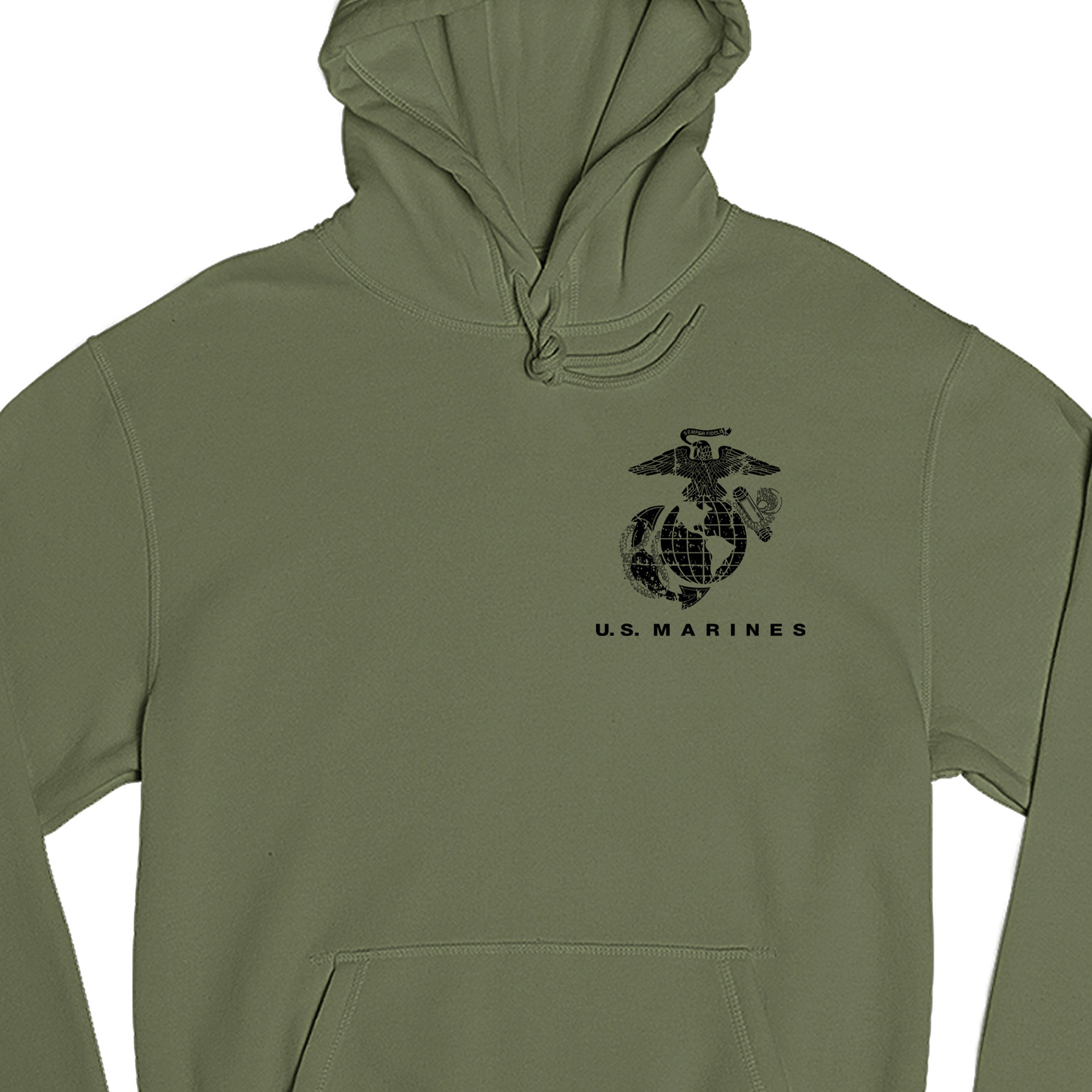 Green USMC hoodie with Eagle Globe Anchor chest emblem