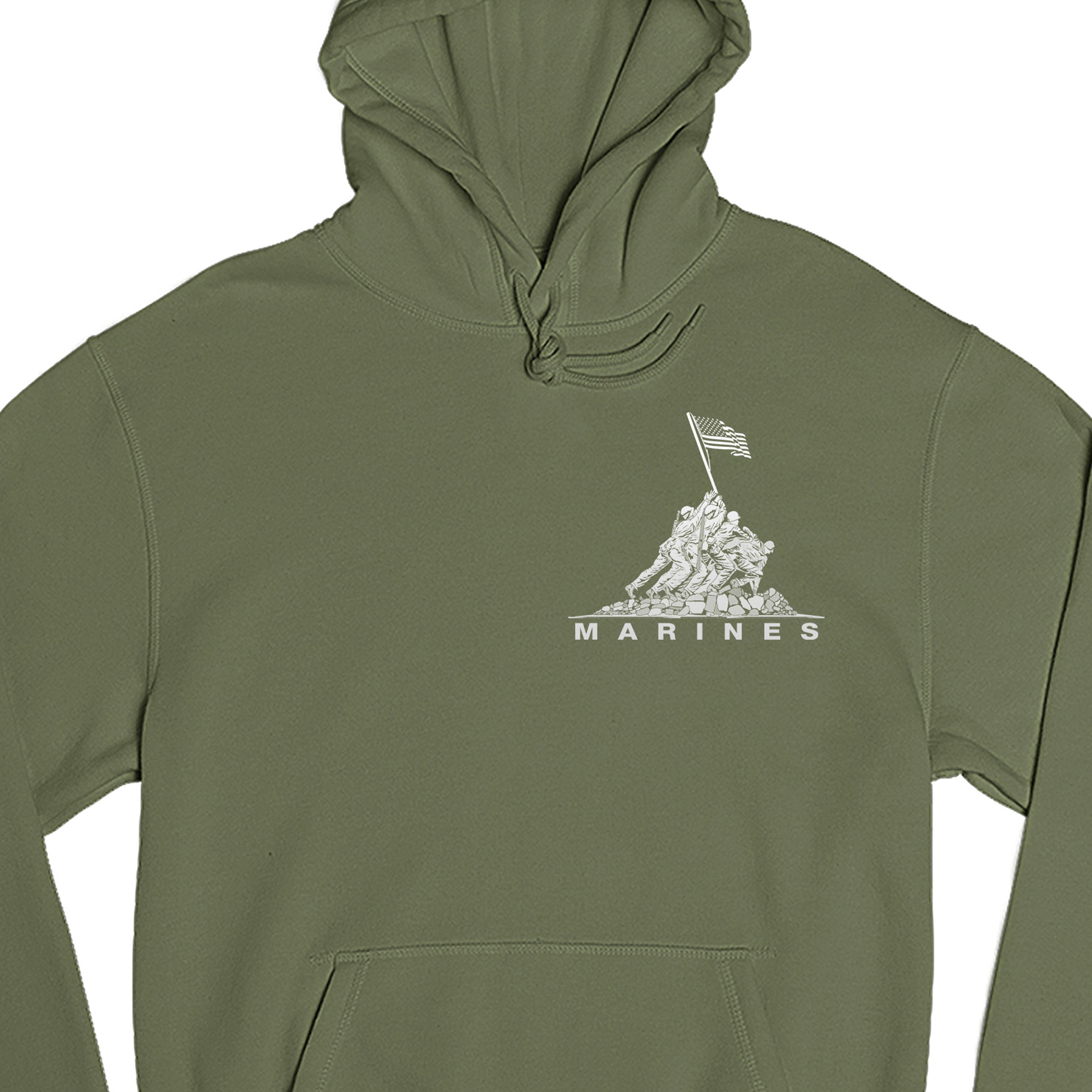 Green USMC hoodie with Iwo Jima flag raising chest graphic