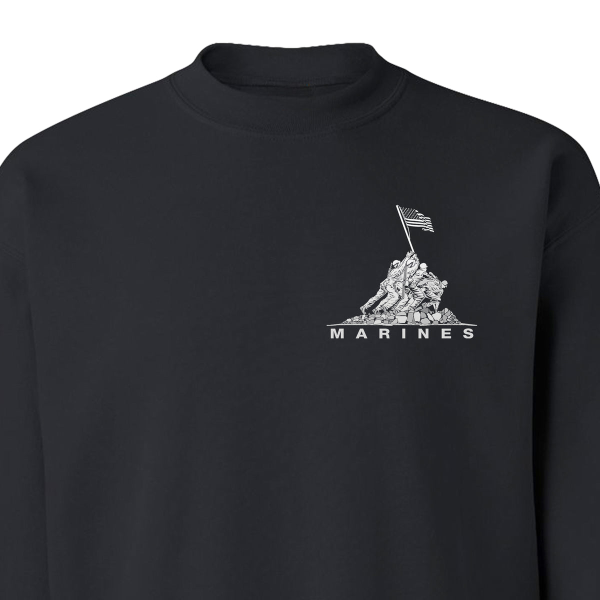Black USMC sweatshirt with Iwo Jima flag raising chest graphic