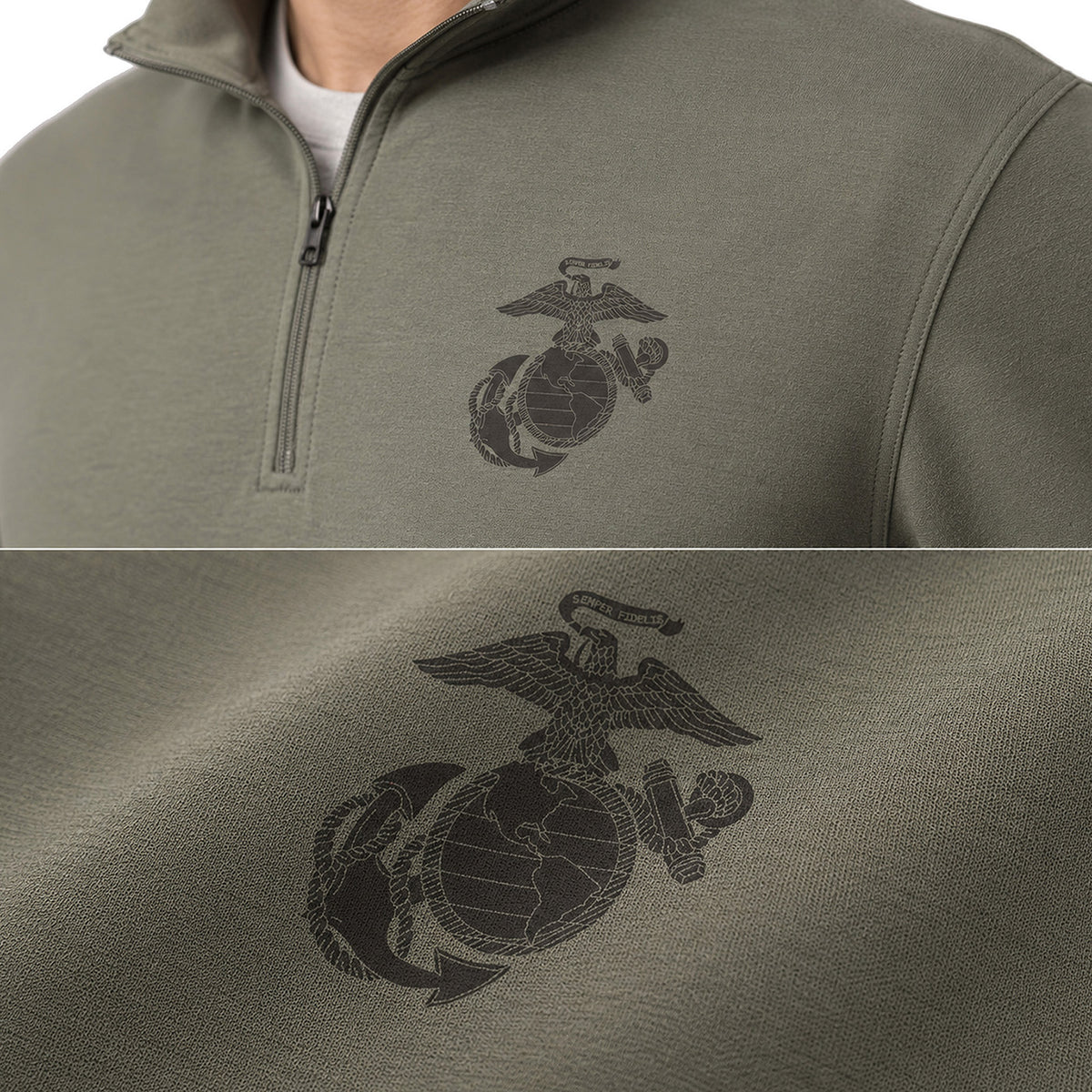 OD Green Vintage Marine Chest Seal performance quarter-zip pullover with OD Green Eagle Globe and Anchor chest graphic for a monochromatic look
